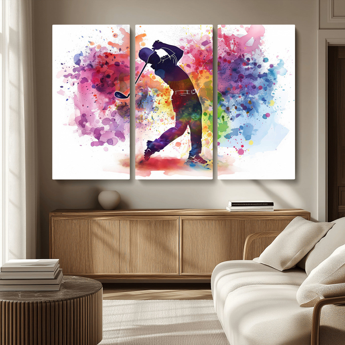 MGV-CV-48X32-3P - Colorful Golfer Swing Wall Art Canvas Print - Ready to Hang, Framed Sports Decor
