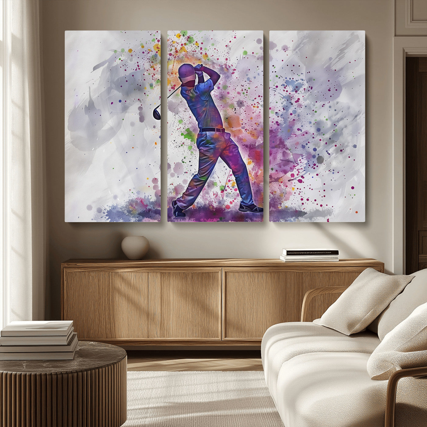 MGV-CV-48X32-3P - Watercolor Golf Swing Wall Art Canvas Print | Vibrant Abstract Golf Player Silhouette |