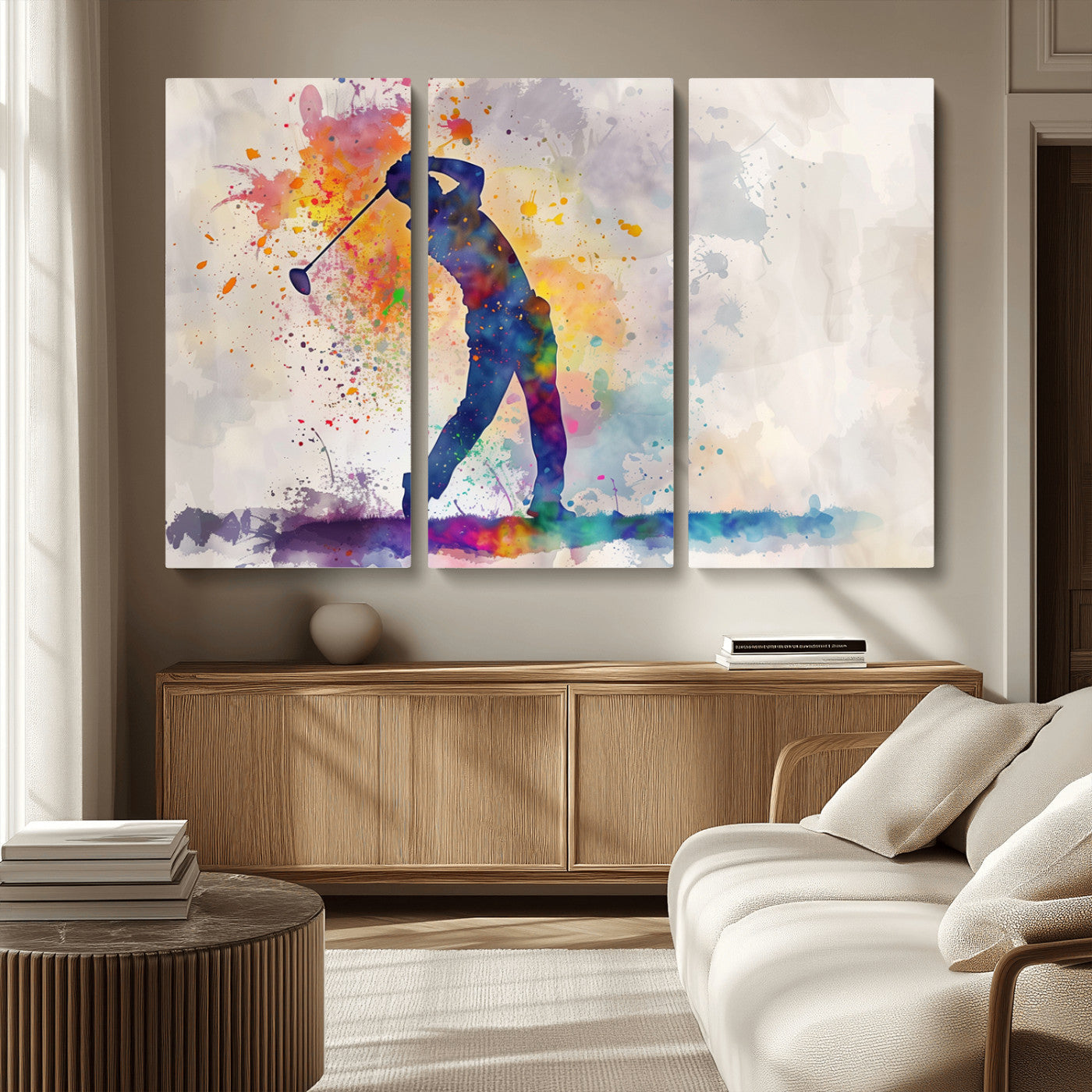 MGV-CV-48X32-3P - Watercolor Golf Swing Wall Art Canvas Print | Vibrant Abstract Golf Player Silhouette |