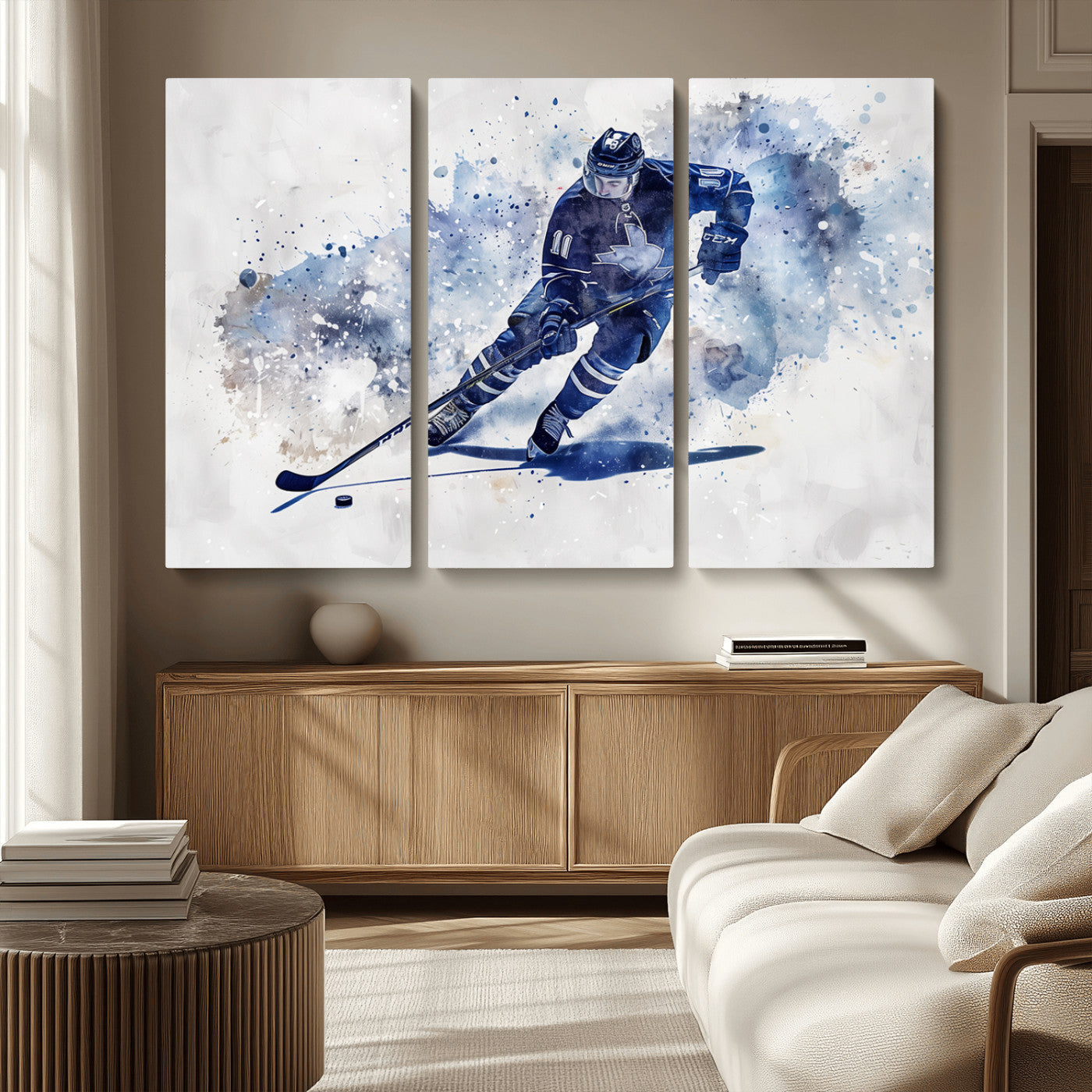 MGV-CV-48X32-3P - Hockey Player Wall Art Canvas Print - Sports-Inspired Watercolor Decor - Ready to Hang