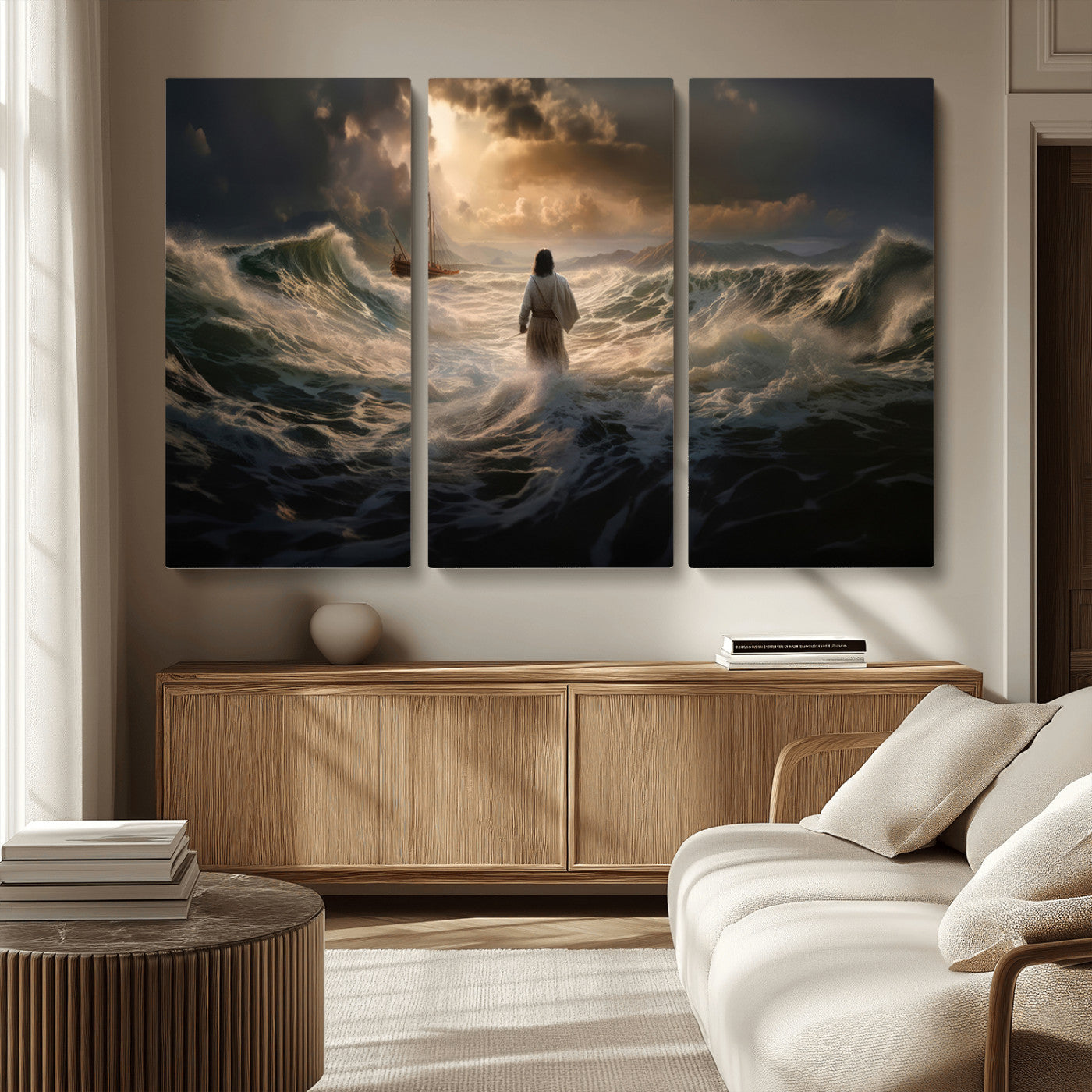 MGV-CV-48X32-3P - Jesus Walking on Water Wall Art Canvas Print - Religious Spiritual Decor - Jesus Wall Art Canvas