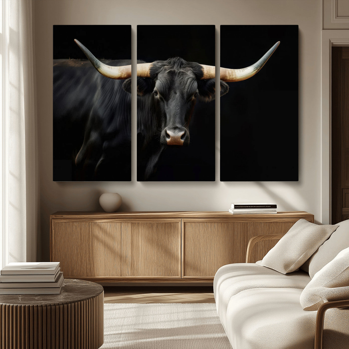 MGV-CV-48X32-3P - Texas Longhorn Cow | Majestic Black Bull Wall Art Canvas Print - Farmhouse Animal Decor - Ready to