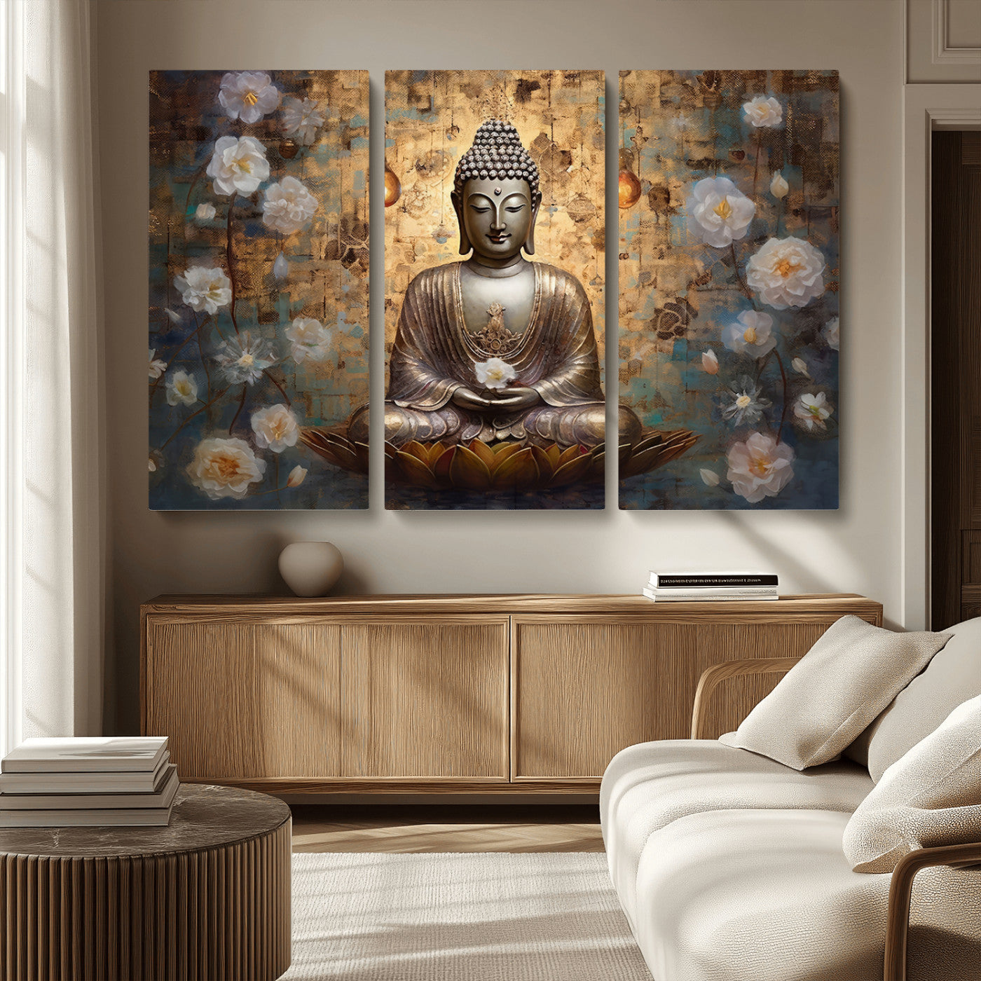 MGV-CV-48X32-3P - Golden Buddha Wall Art Canvas Print | Zen Meditation Floral Decor | Tranquil Spiritual Home Art |