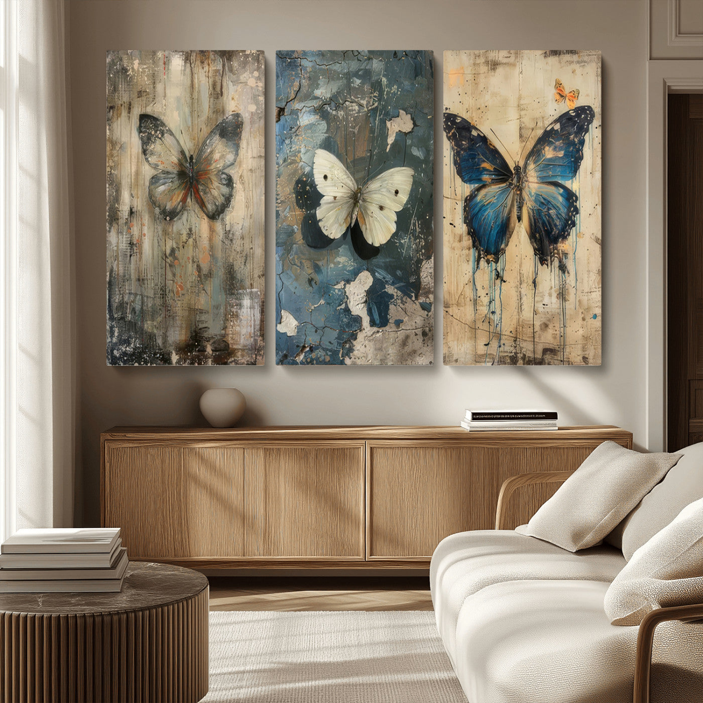 MGV-CV-48X32-3P - Butterfly Wall Art Trio | Vintage Butterfly Canvas Print | Ready to Hang Framed Artwork for