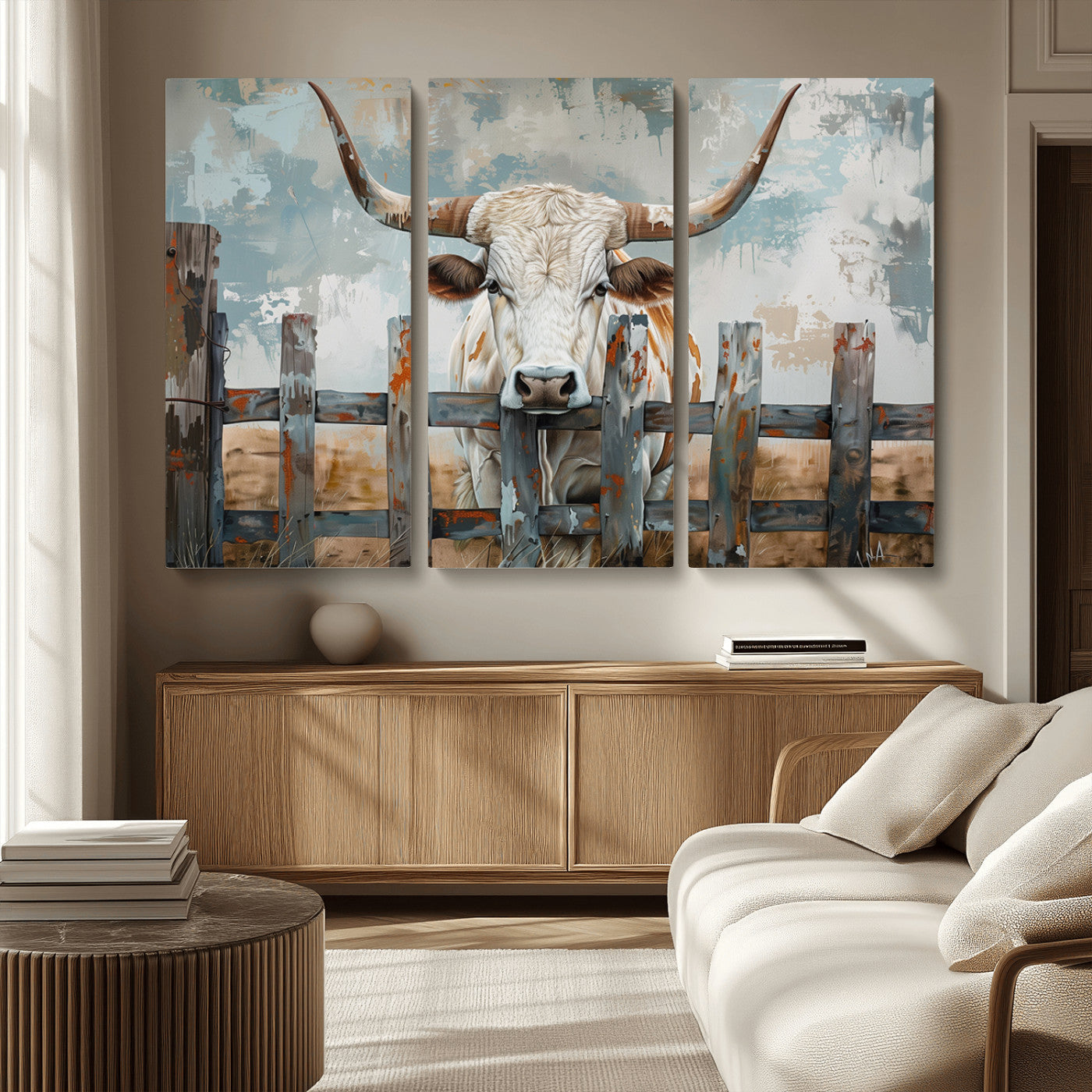 MGV-CV-48X32-3P - Vintage Cow Wall Art Canvas Print for Farmhouse Wall Decor Theme, Cattle Wall Art Print