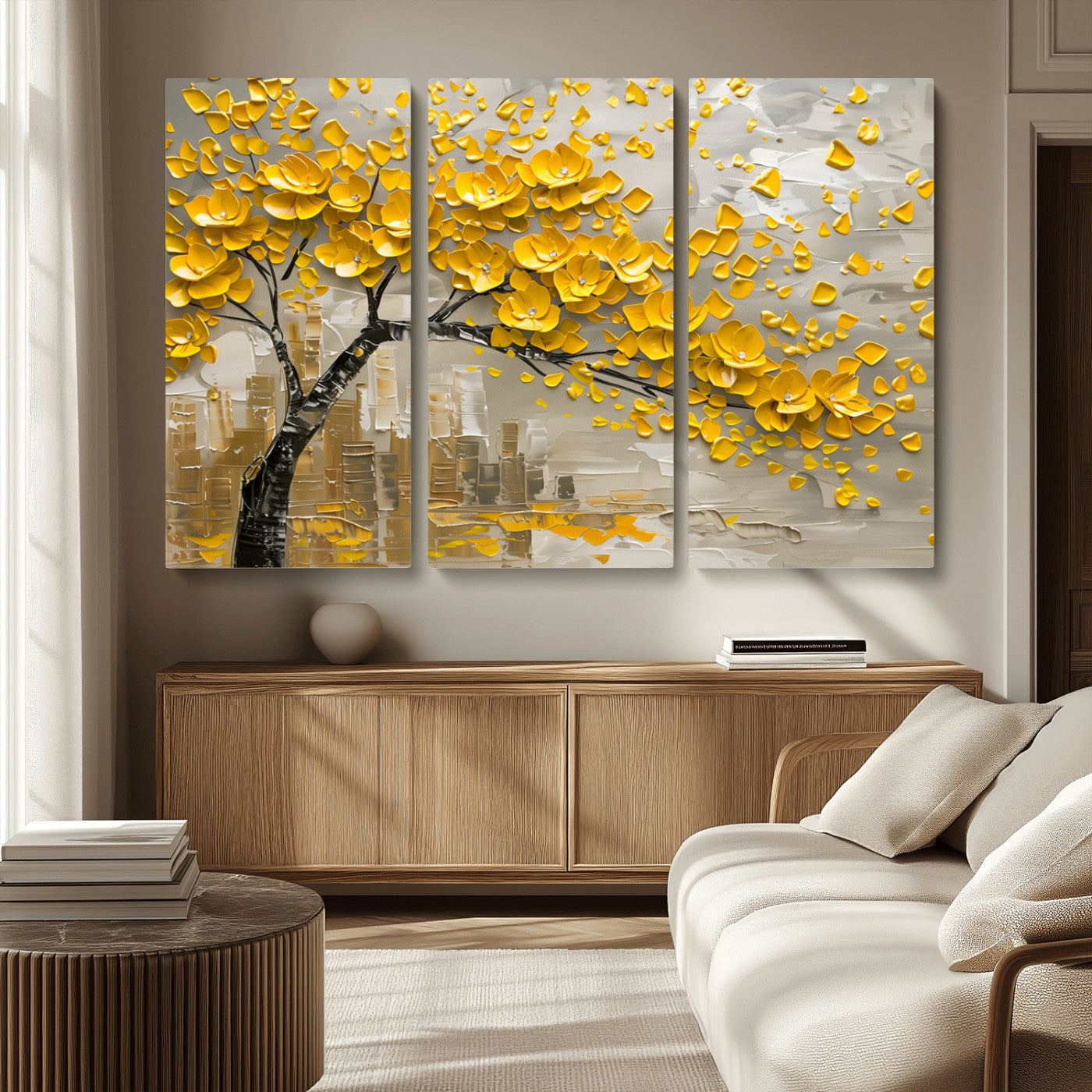 MGV-CV-48X32-3P - Yellow Blossom Tree Canvas Wall Art - Floral Abstract Modern Contemporary Artwork for Living Room or