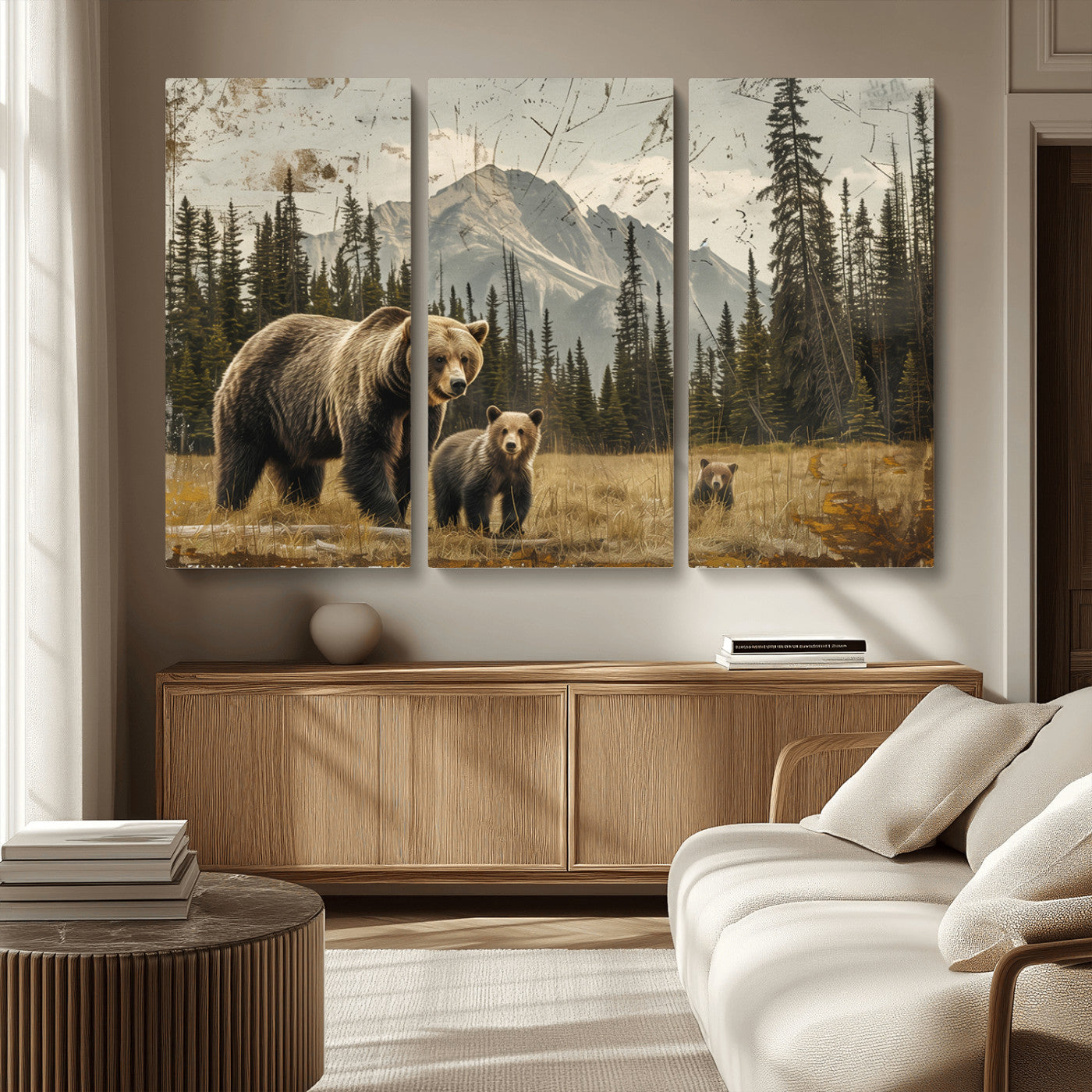 MGV-CV-48X32-3P - Rustic Grizzly 399 Bear Family Wall Art Canvas Print