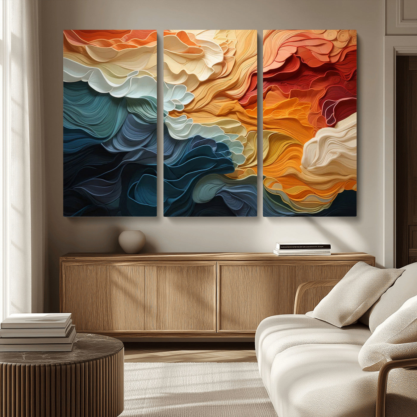 MGV-CV-48X32-3P - Blue Orange Abstract Wave Wall Art Canvas Print, Framed Blue Orange Wave Wall Art