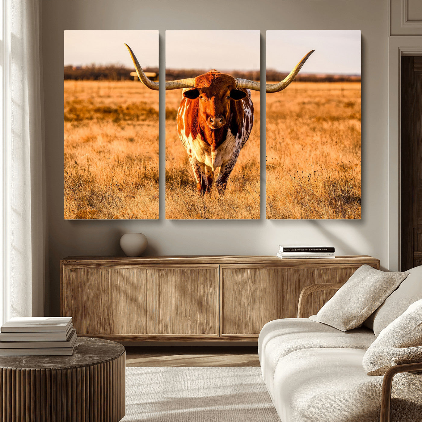 MGV-CV-48X32-3P - Longhorn Cow Wall Art | Ready to Hang Framed Canvas Print for Farmhouse and Barn Decor