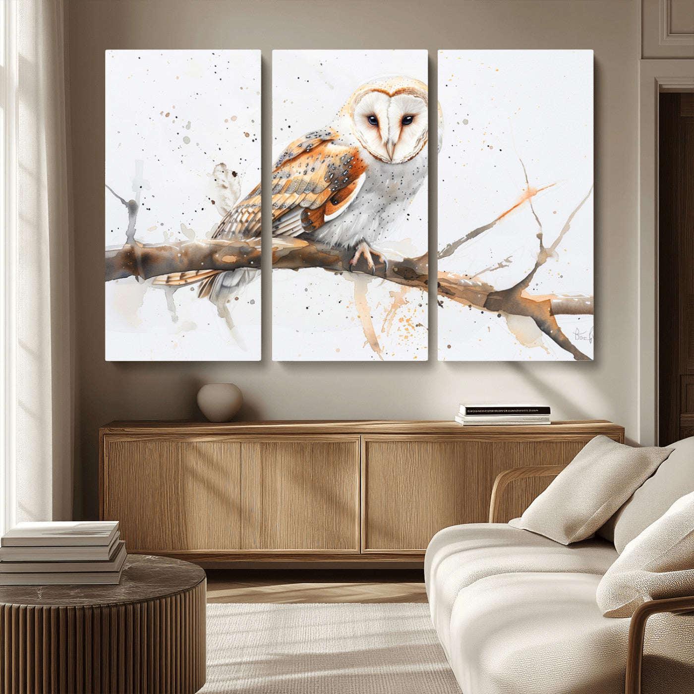 MGV-CV-48X32-3P - Barn Owl Wall Art on Branch | Stunning Canvas Print for Nature Lovers | Ready to Hang and Framed