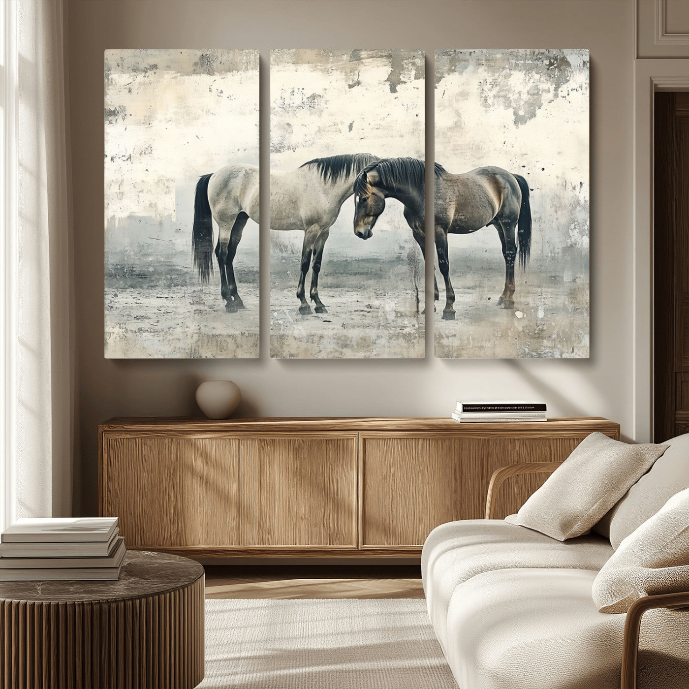 MGV-CV-48X32-3P - Chines Style Majestic Horses Wall Art | Ready to Hang and Framed Triptych Print | Western Farmhouse