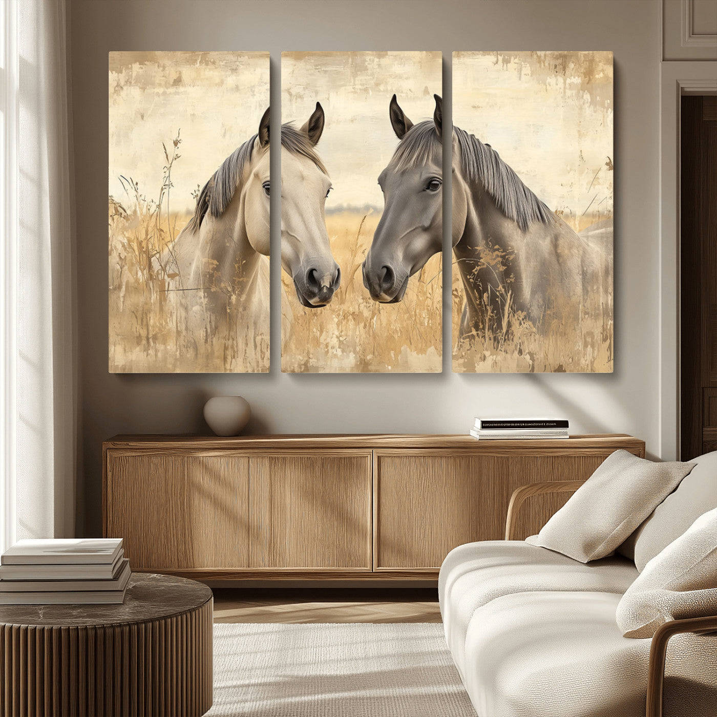 MGV-CV-48X32-3P - Chines Ink Style Grunge Horses Wall Art Canvas Print