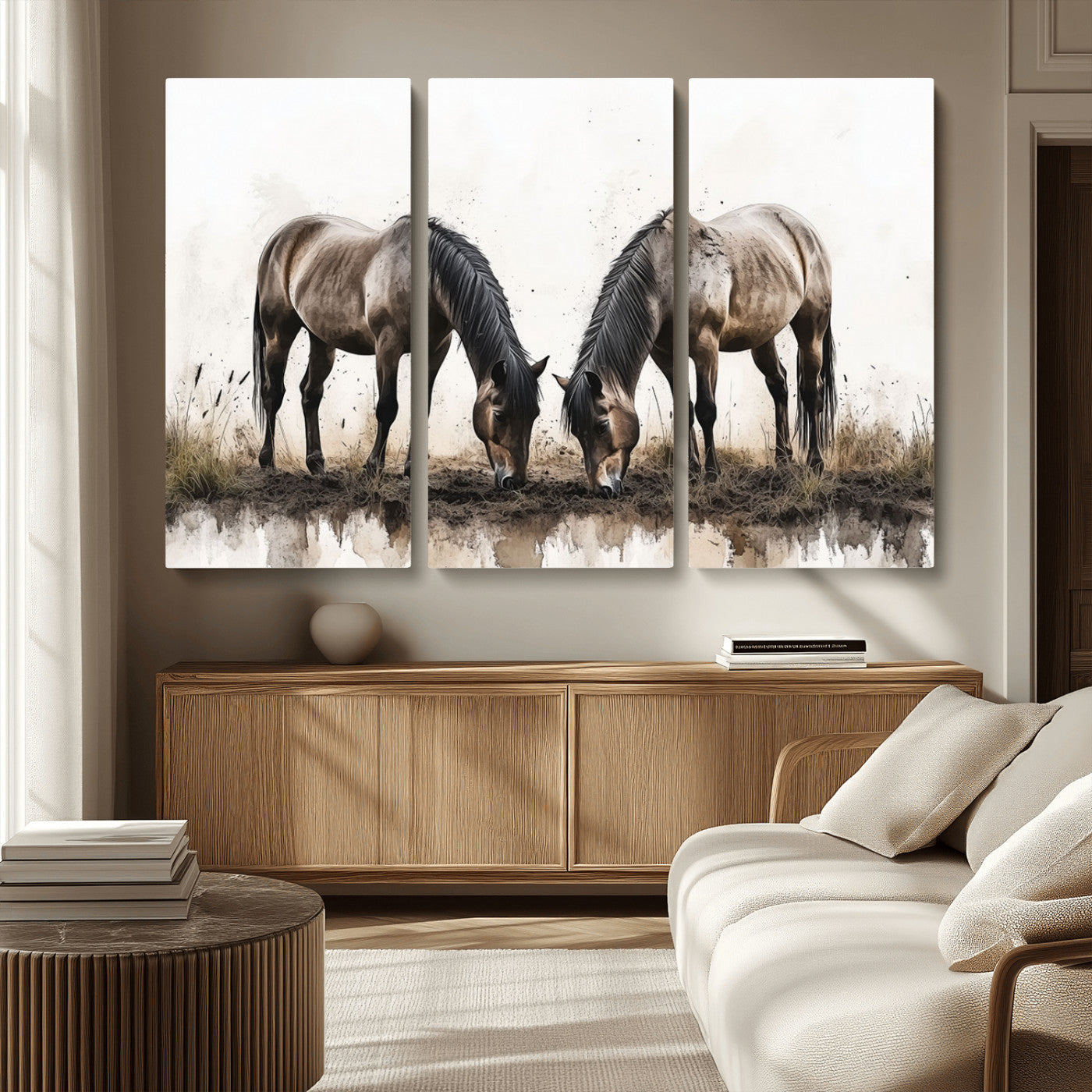 MGV-CV-48X32-3P - Chines Ink Style Horses Wall Art Canvas Print