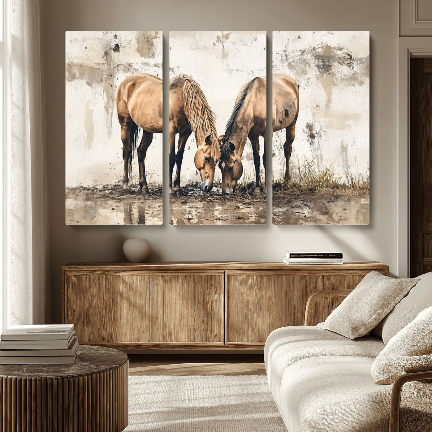 MGV-CV-48X32-3P - Vintage Horses Wall Art | Ready to Hang and Framed Triptych | Western Farmhouse Wall Decor for