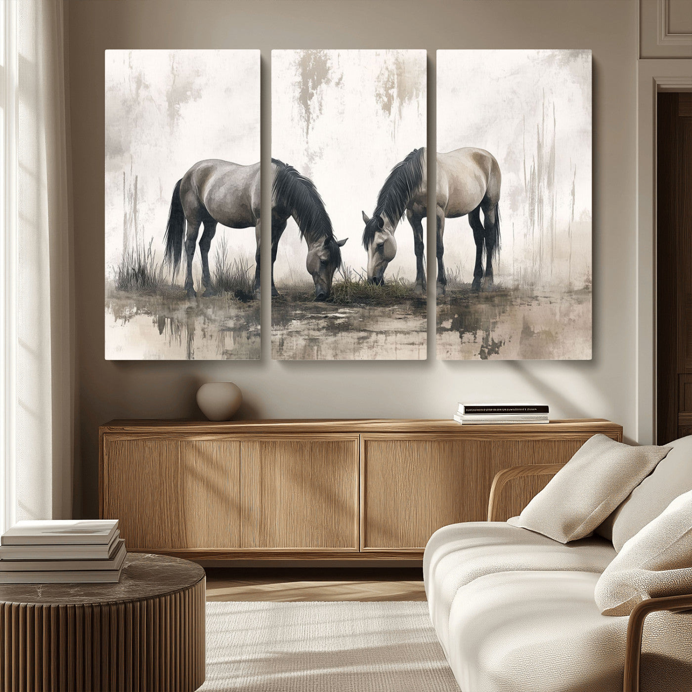 MGV-CV-48X32-3P - Chines Ink Style Vintage Horses Wall Art Canvas Print for Farmhouse Wall Decor