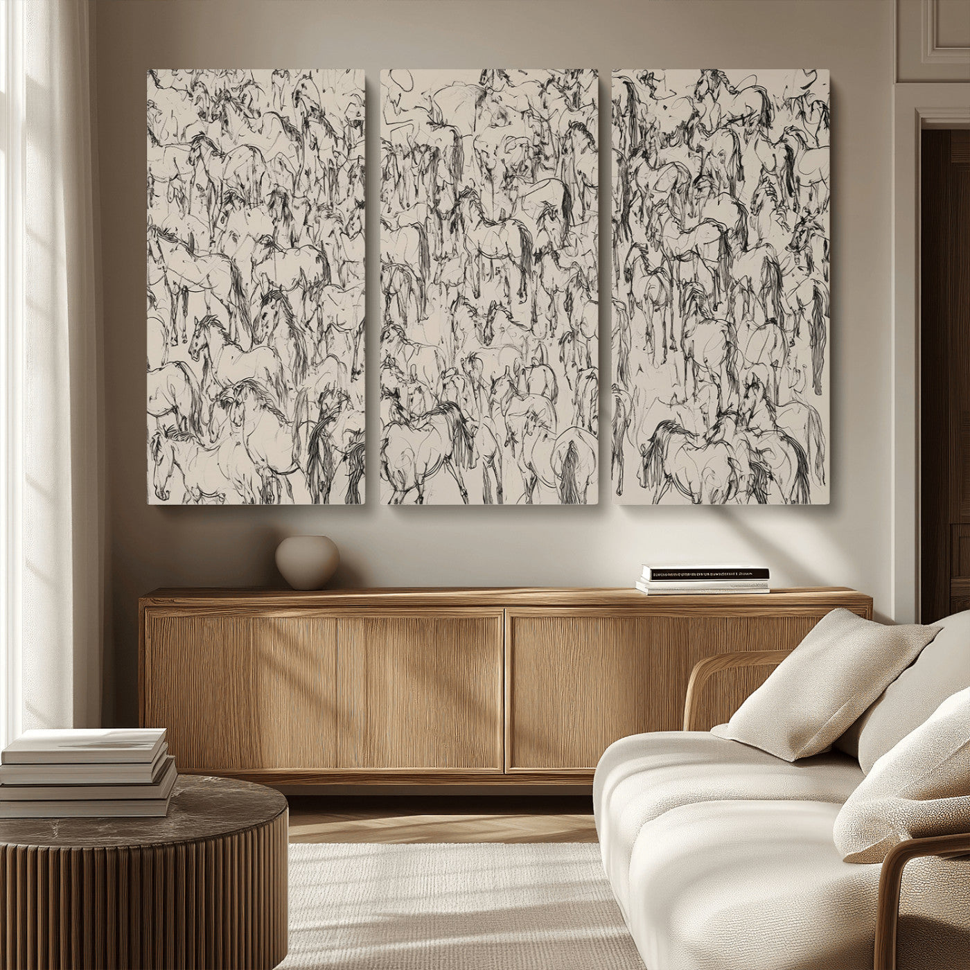 MGV-CV-48X32-3P - Abstract Horse Sketch Wall Art | Ready to Hang and Framed | Farmhouse Wall Decor for Living Room or