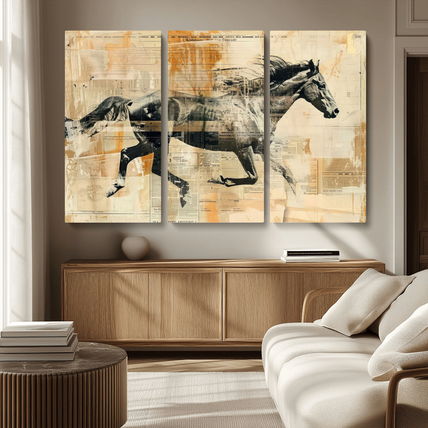 MGV-CV-48X32-3P - Chines Style Running Horse Western Wall Art | Farmhouse Wall Decor | Ready to Hang Framed Canvas