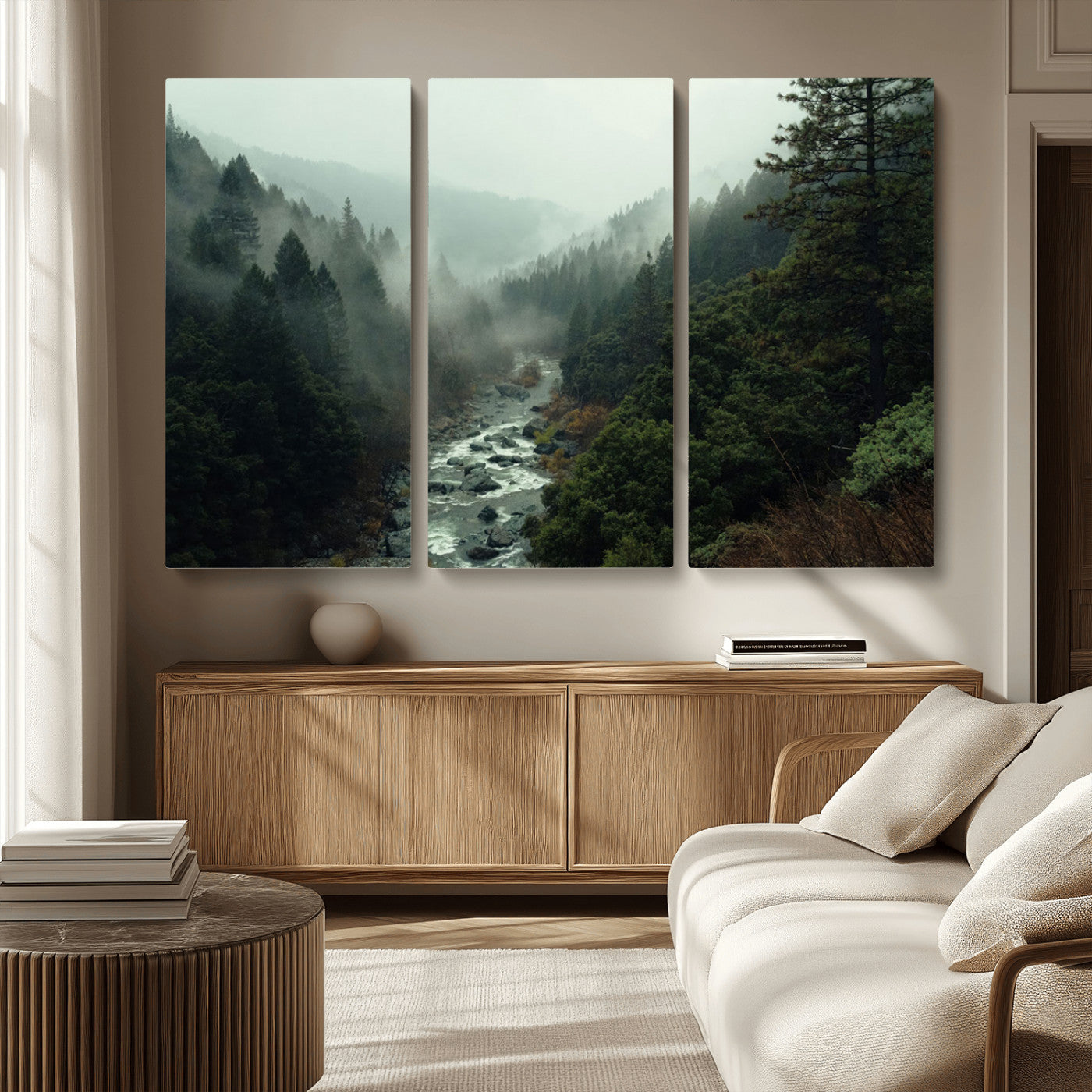 MGV-CV-48X32-3P - Misty Forest Wall Art | Ready to Hang and Framed | Tranquil Nature Landscape for Living Room or
