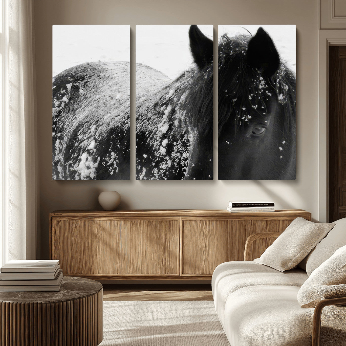 MGV-CV-48X32-3P - Black Horse in Snow Canvas Print | Winter Horse Wall Art | Ready to Hang and Framed | Farmhouse Wall