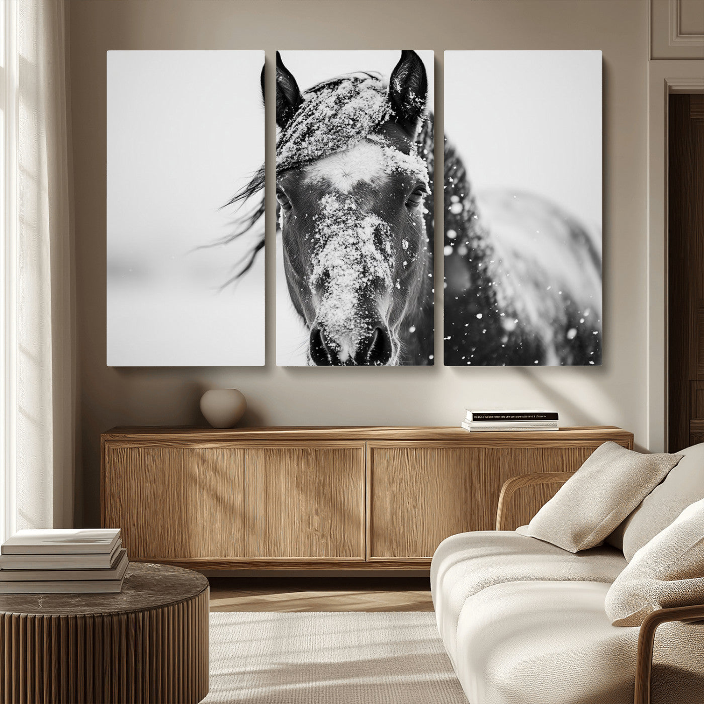MGV-CV-48X32-3P - Western Wall Art | Black and White Winter Horse Wall Art | Ready to Hang and Framed | Farmhouse and