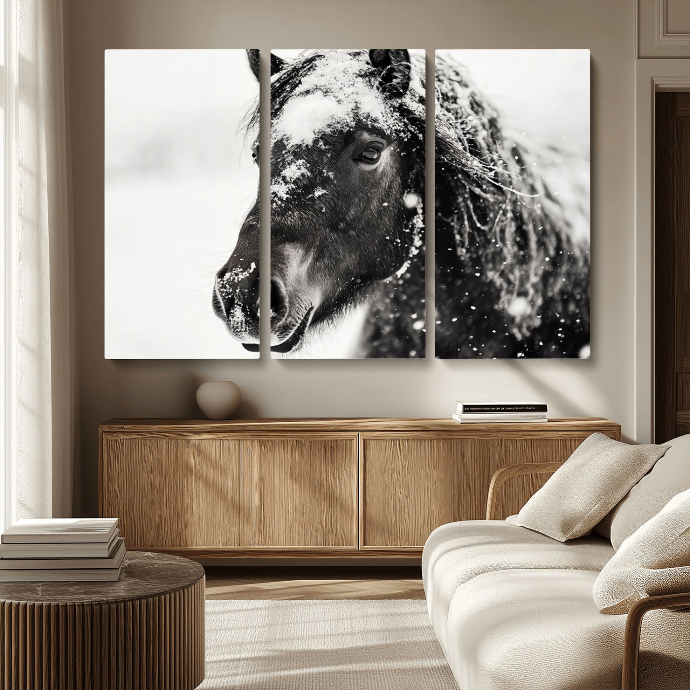 MGV-CV-48X32-3P - Framed Black and White Horse Wall Art | Ready to Hang and Framed | Farmhouse and Western Wall Decor