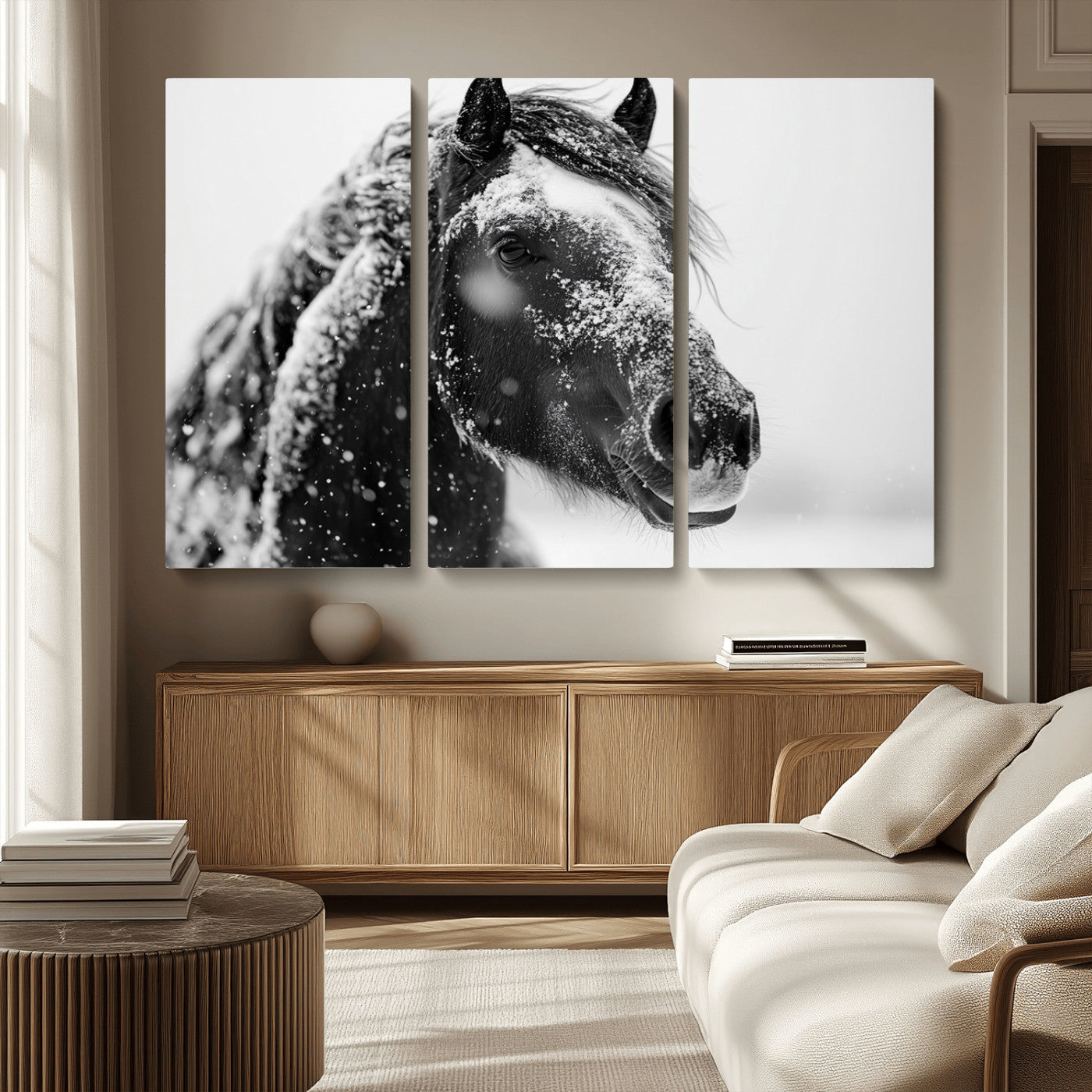 MGV-CV-48X32-3P - Winter Horse Canvas Print | Large 3-Panel Black White Equine Photography for Rustic Farmhouse Wall