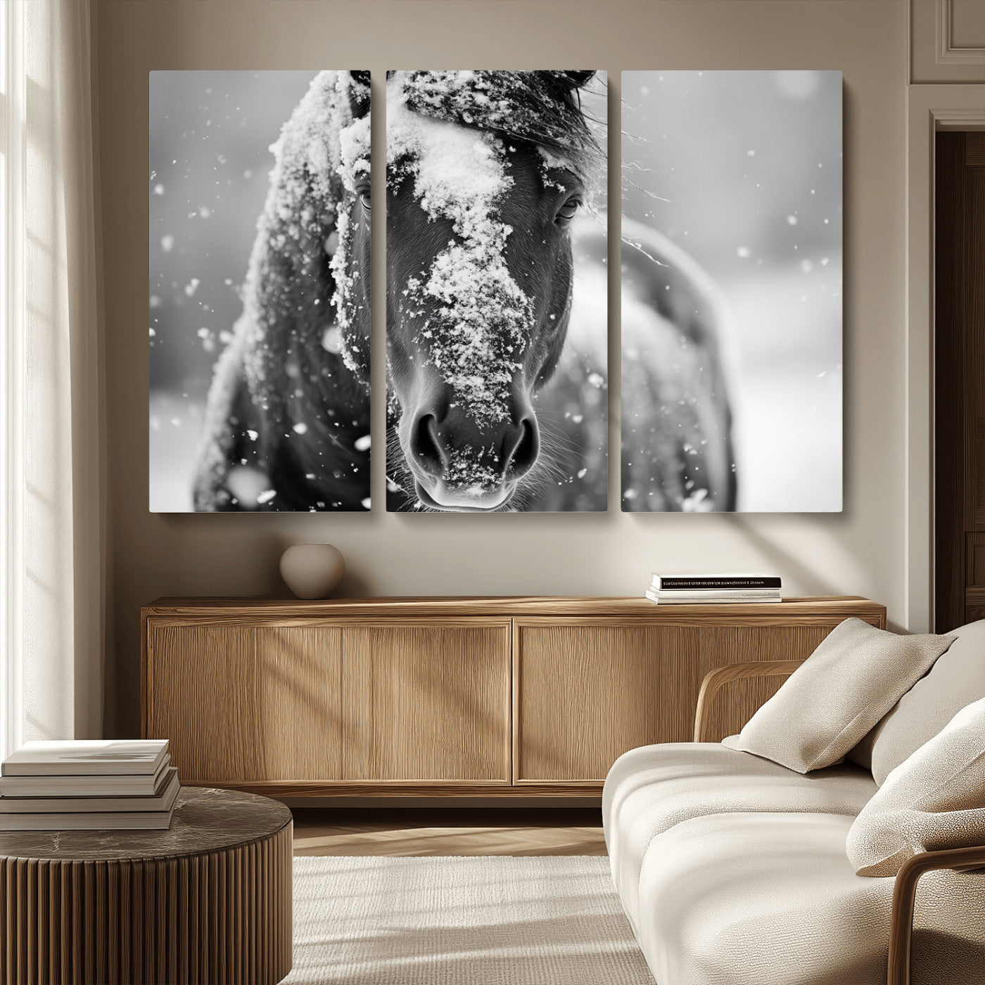 MGV-CV-48X32-3P - Black and White Horse Winter Wall Art | Ready to Hang and Framed | Farmhouse Wall Decor | Western