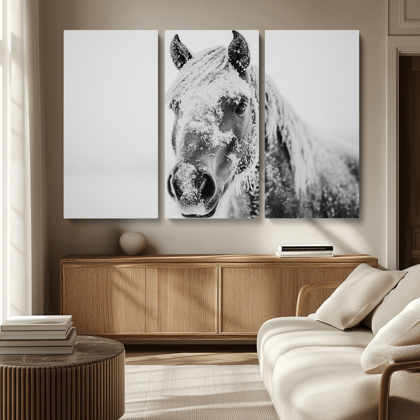 MGV-CV-48X32-3P - White Horse Wall Art | Ready to Hang and Framed | Winter Horse Wall Art Print for Farmhouse and