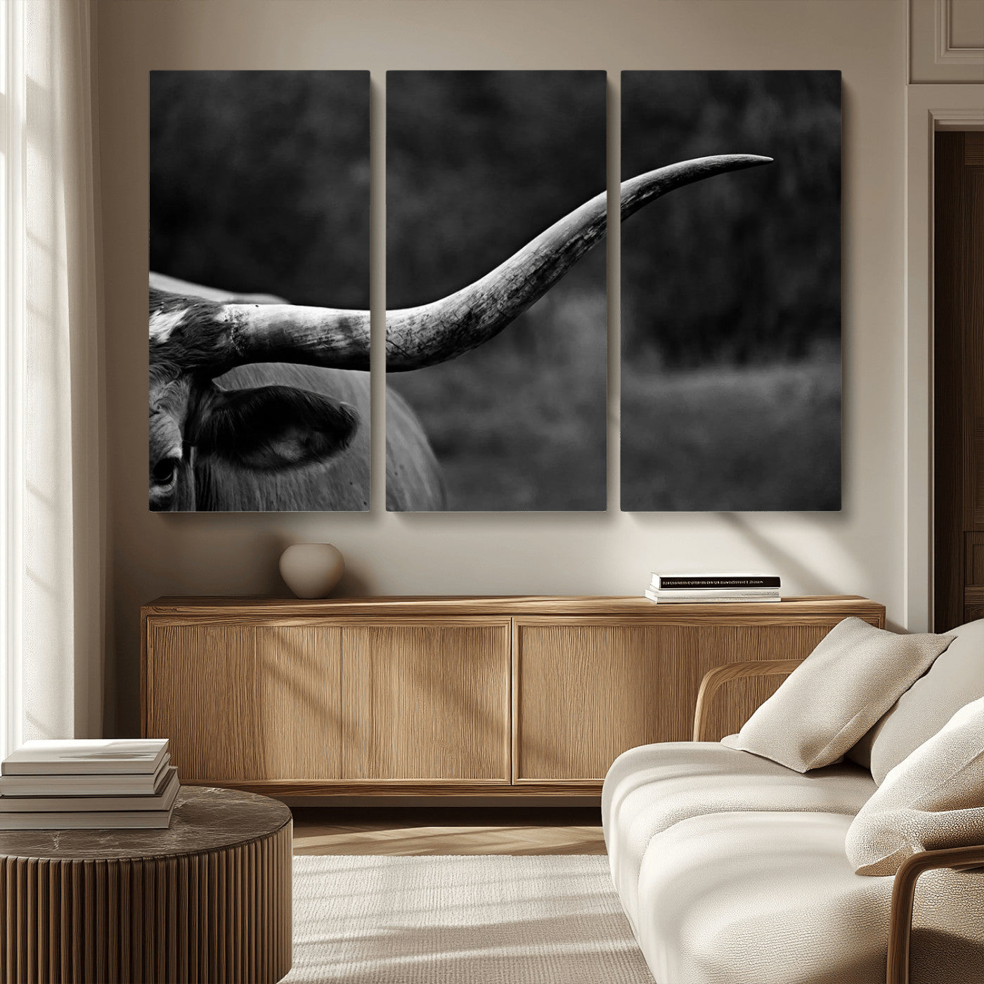 MGV-CV-48X32-3P - Cow Longhorn Wall Art | Black and White Print | Ready to Hang and Framed | Farmhouse Wall Decor |