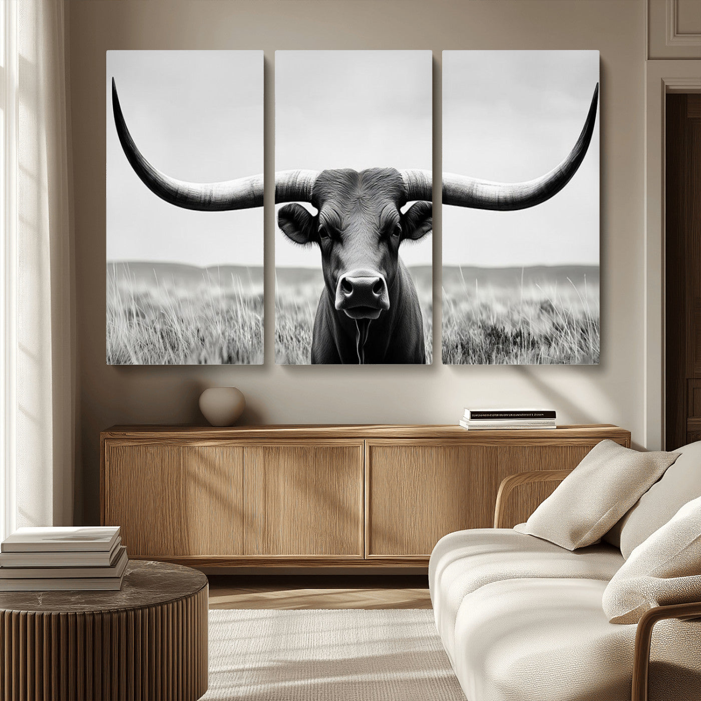 -Longhorn Bull Canvas Print | Rustic Farmhouse Wall Art | Western Decor | Ready to Hang and Framed