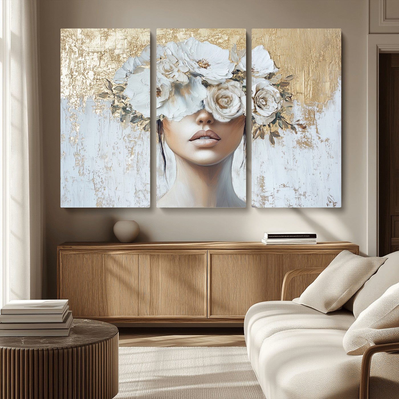 MGV-CV-48X32-3P - Golden Petal Wall Art - Canvas Print Flower Head Woman Painting Floral Woman Portrait Wall Decor,