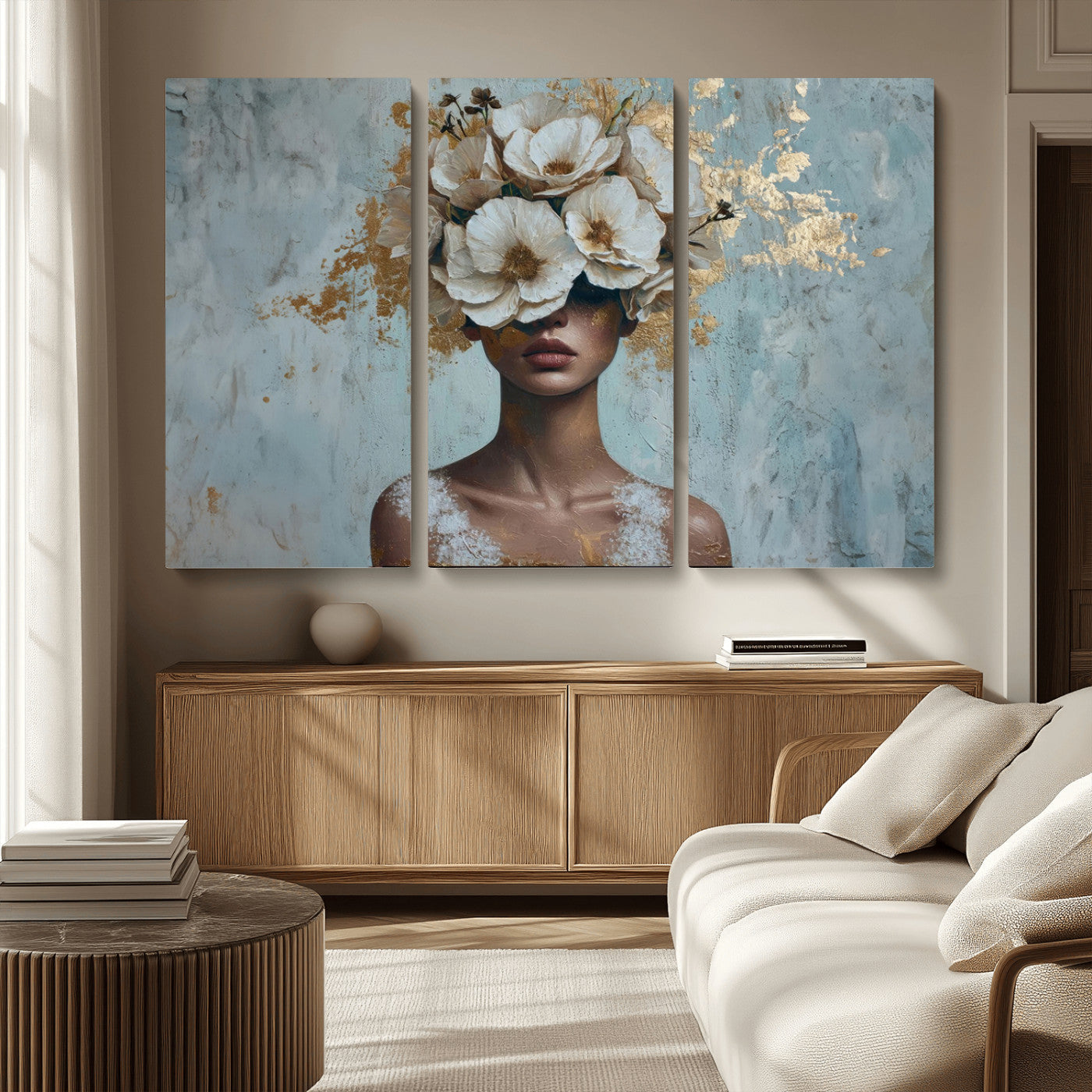 MGV-CV-48X32-3P - Golden Petal Wall Art - Petal Silhouette Woman Wall Art Canvas Print | Large 3-Panel Canvas with