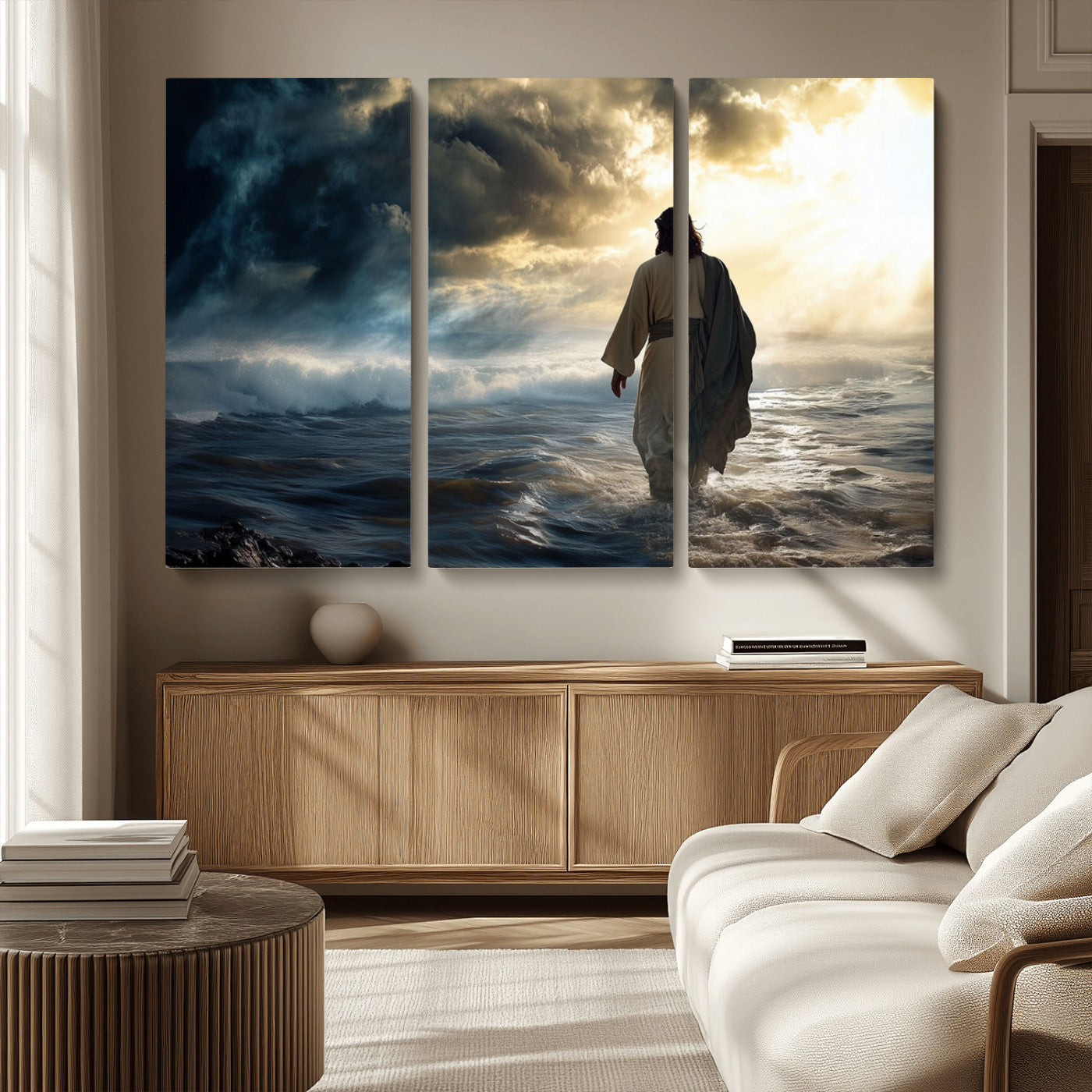 MGV-CV-48X32-3P - Jesus Walking on Water Wall Art | Canvas Print | Ready to Hang | Christian Home Decor | Spiritual