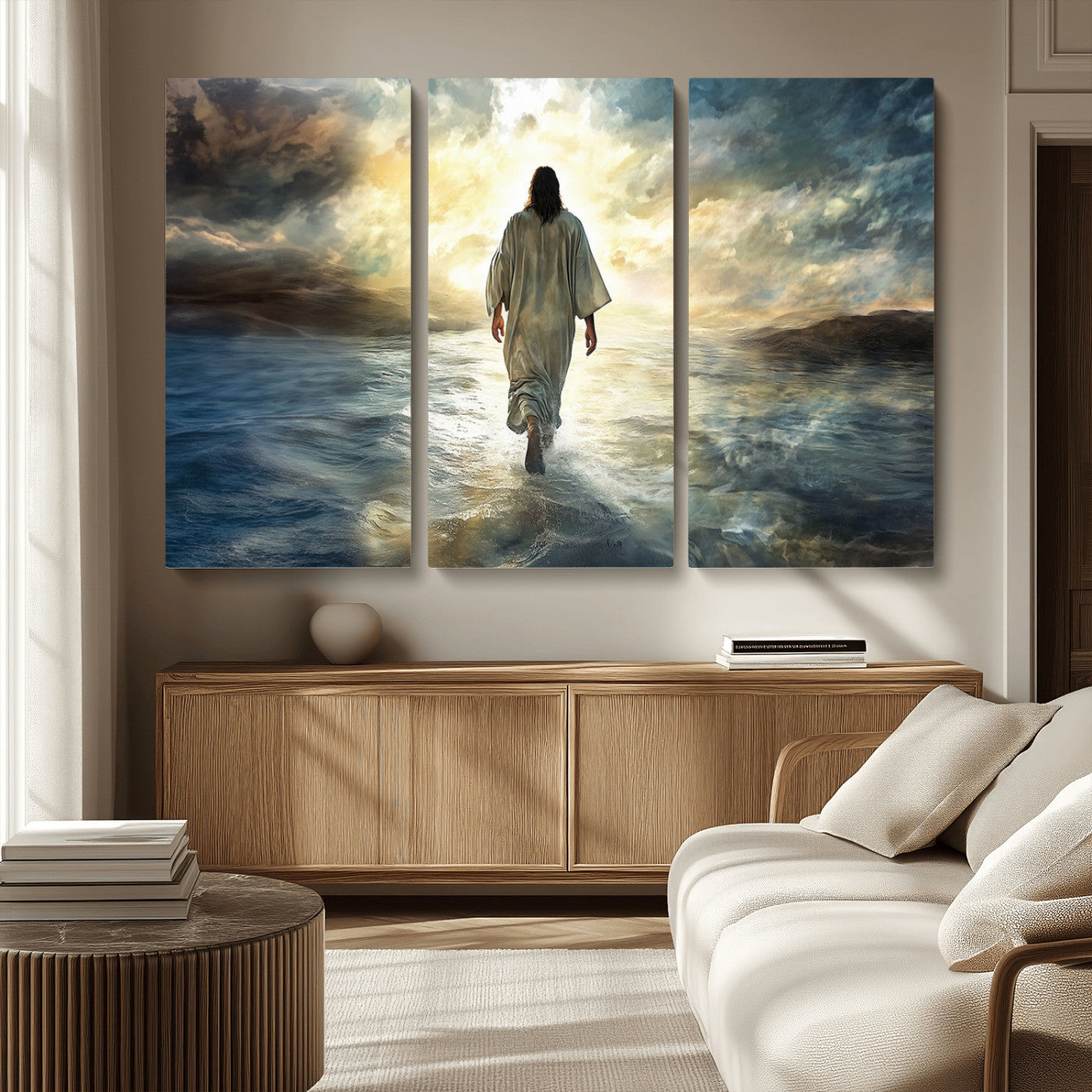 MGV-CV-48X32-3P - Jesus Walking on Water Wall Art | Canvas Print | Ready to Hang | Christian Home Decor | Spiritual