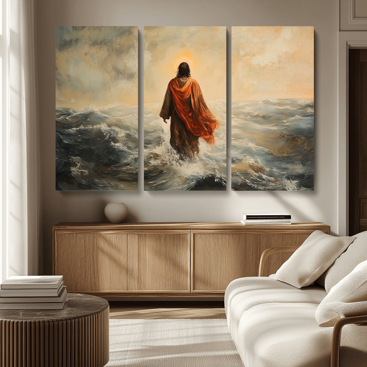 MGV-CV-48X32-3P - Jesus Walking on Water, Christian Wall Art, Jesus Christ Walking on Oil Painting Style Print