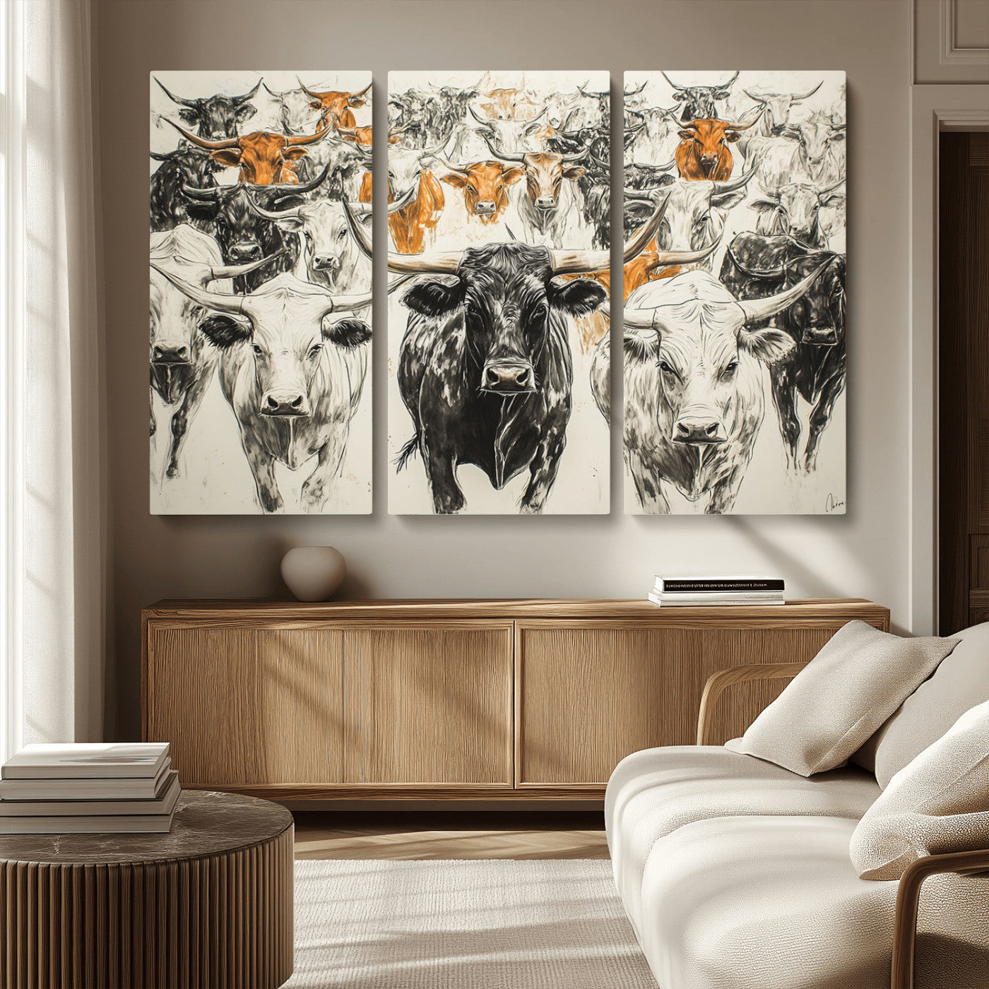 MGV-CV-48X32-3P - Texas Longhorn Wall Art - Herd Canvas Wall Art Print - Abstract Cow Drawing Wall Art Print for