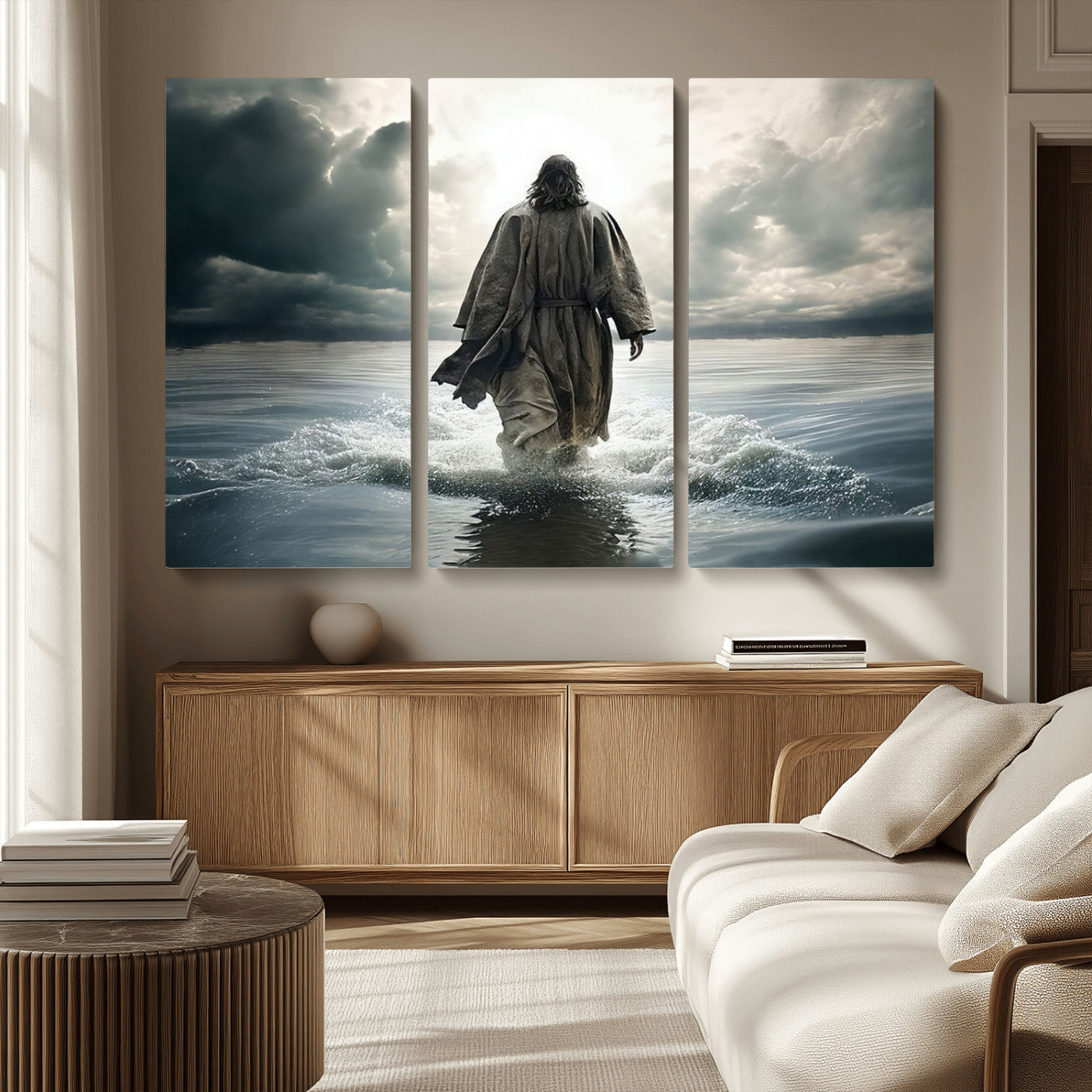 MGV-CV-48X32-3P - Jesus Walking on Water Wall Art | Canvas Print | Ready to Hang | Christian Home Decor | Spiritual