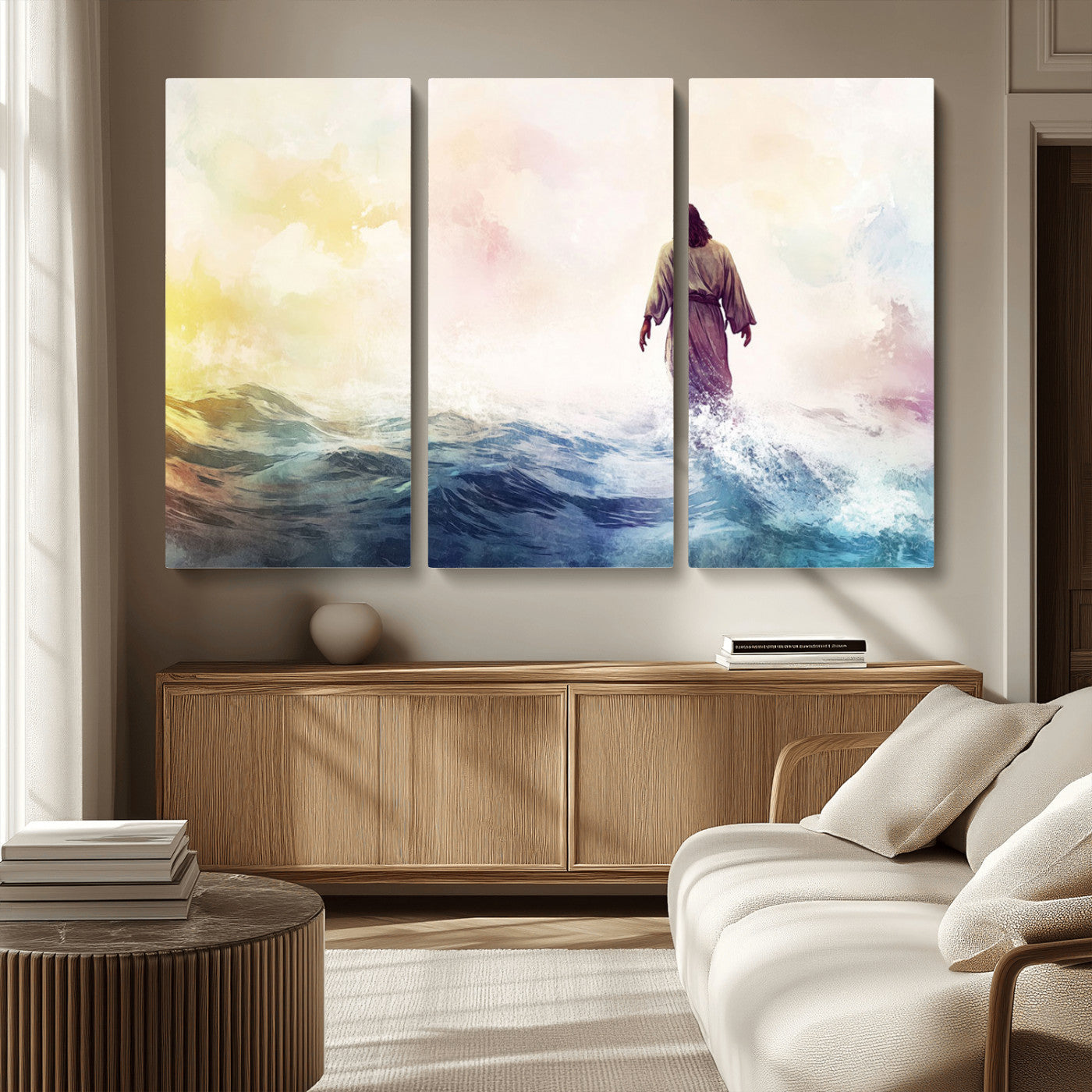 MGV-CV-48X32-3P - Watercolor Jesus Walking on Water Canvas Print, Christian Wall Art, Jesus Christ Walking