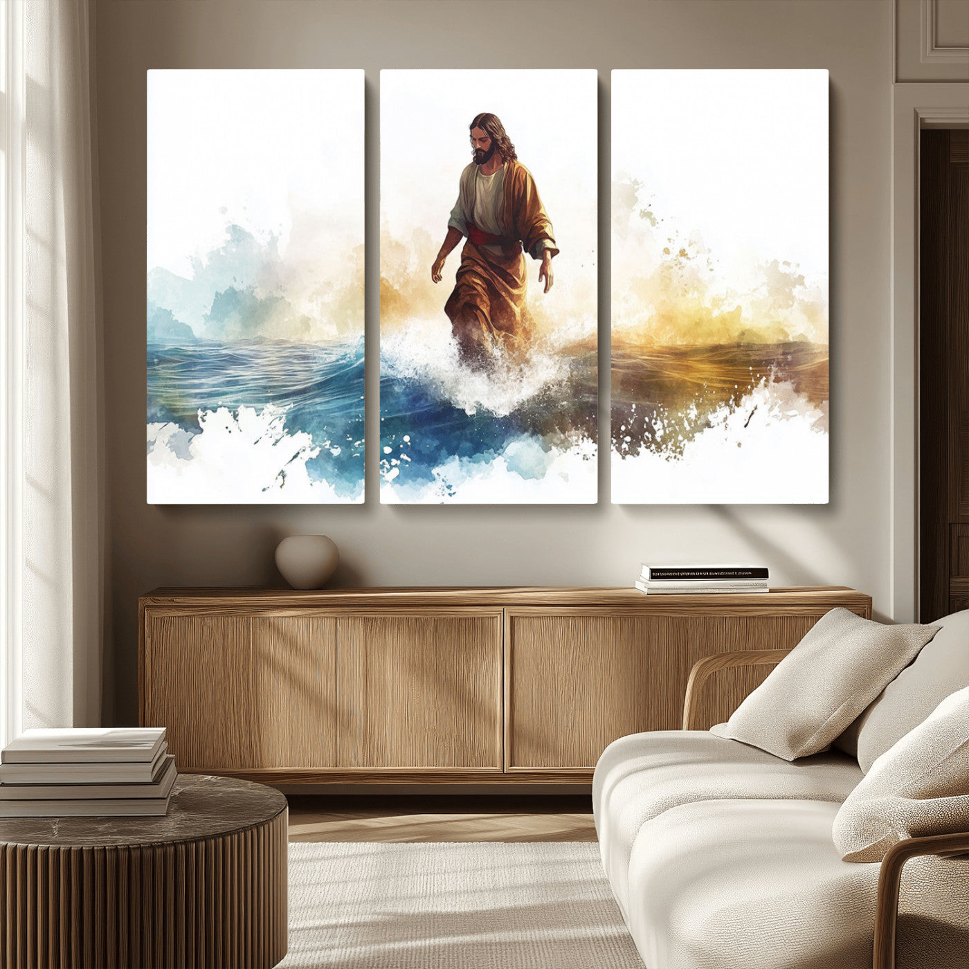 MGV-CV-48X32-3P - Watercolor Jesus Walking Wall Art Print, Jesus Water Canvas Print, Christian Wall Art, Jesus Christ