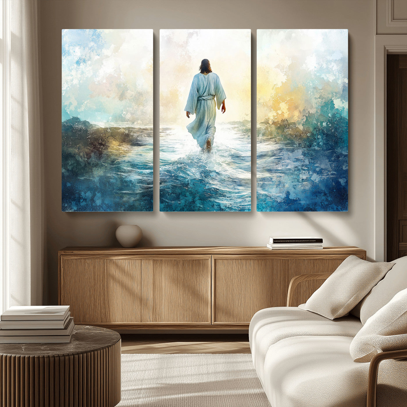 MGV-CV-48X32-3P - Watercolor Jesus Walking on Water Canvas Print, Christian Wall Art, Jesus Christ Walking