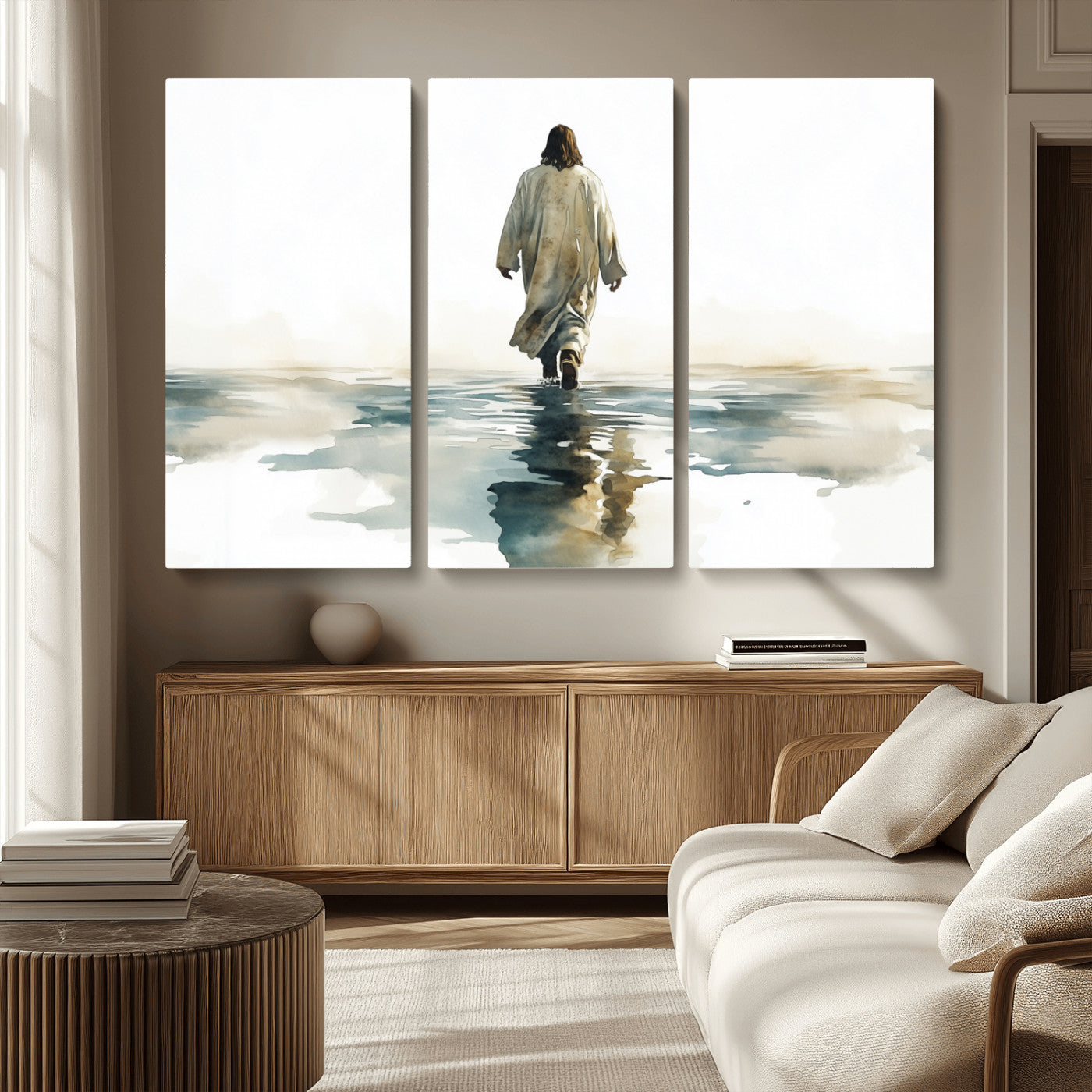 MGV-CV-48X32-3P - Watercolor Jesus Walking on Water Canvas Print, Christian Wall Art, Jesus Christ Walking