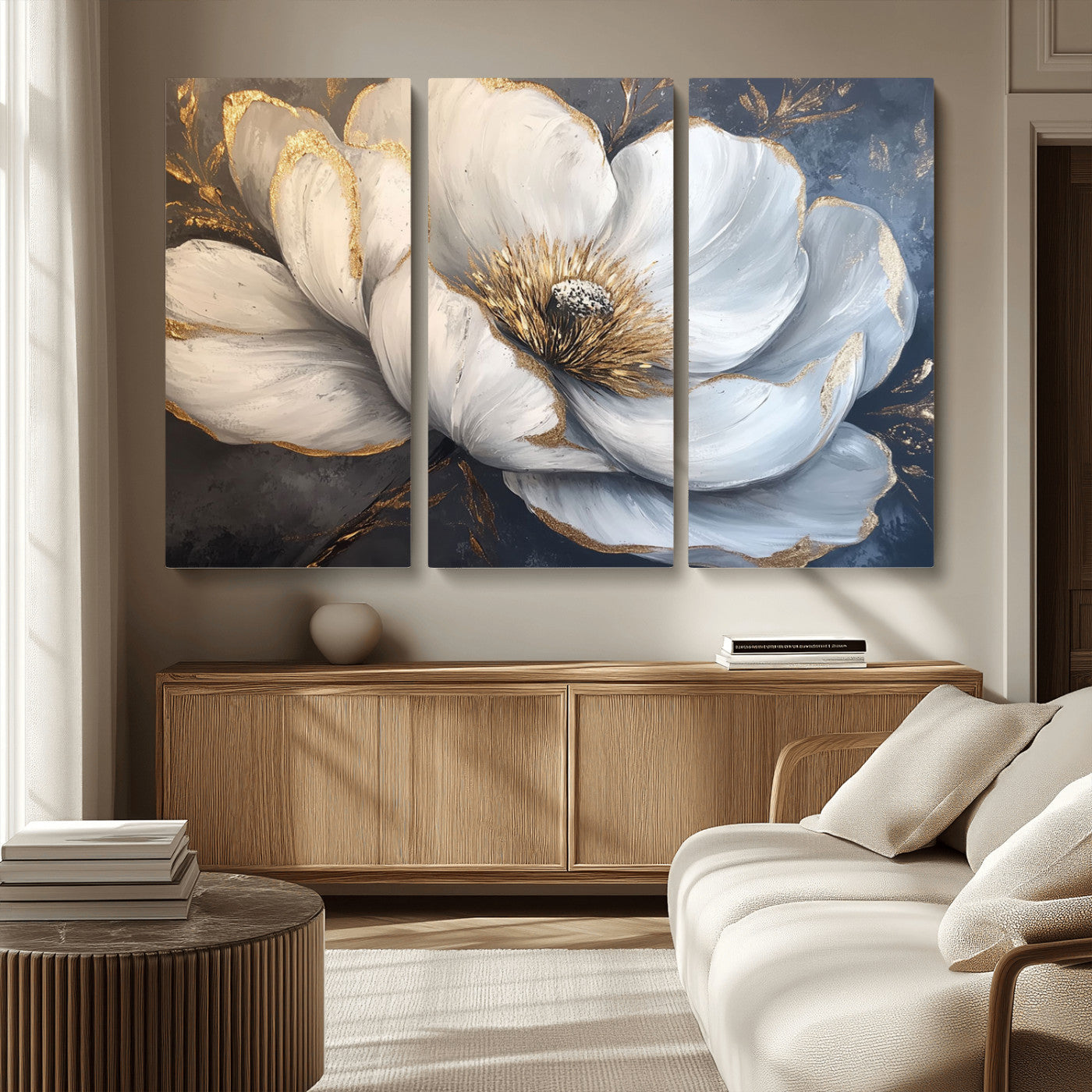MGV-CV-48X32-3P - White Magnolia Flower Wall Art Canvas Print | Abstract Floral Wall Decor | Elegant Bloom Artwork |