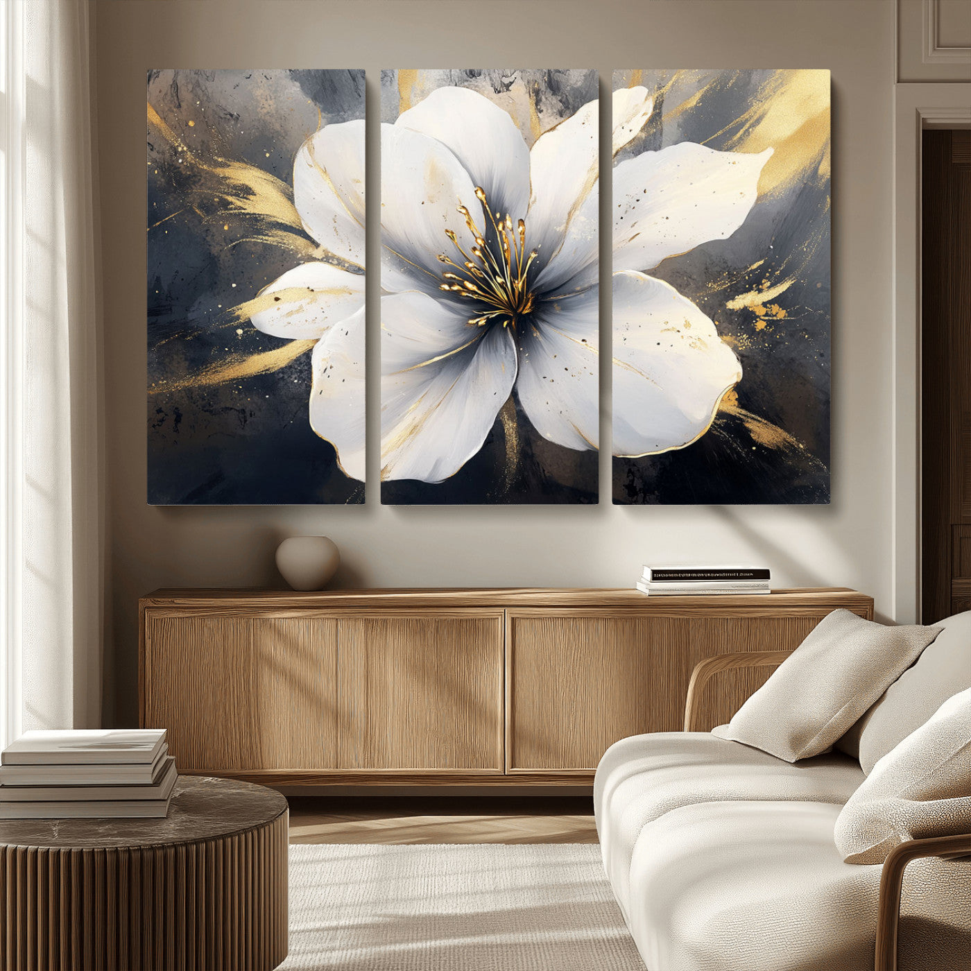 MGV-CV-48X32-3P - White Flower Wall Art Canvas Print | Ready to Hang | Abstract Floral Wall Decor | Elegant Bloom