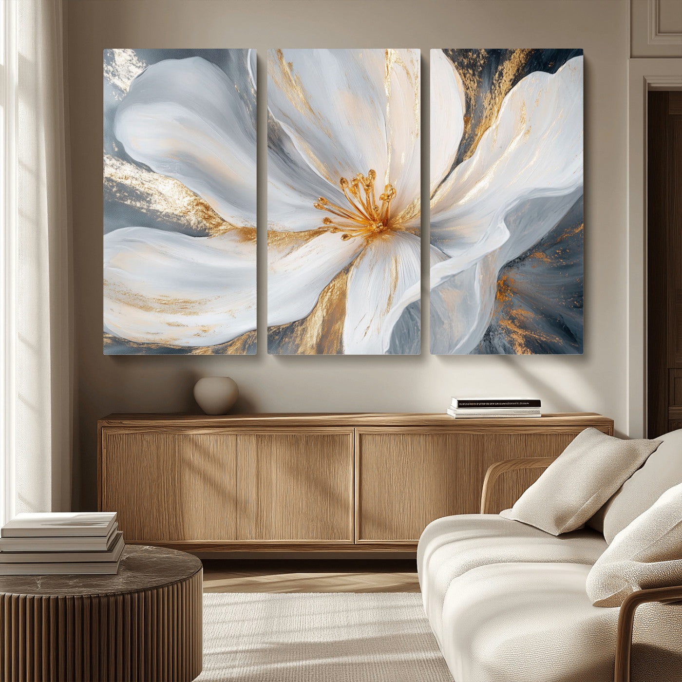 MGV-CV-48X32-3P - White and Gold Floral Canvas Wall Art - Framed and Ready to Hang - Perfect for Modern Living Rooms