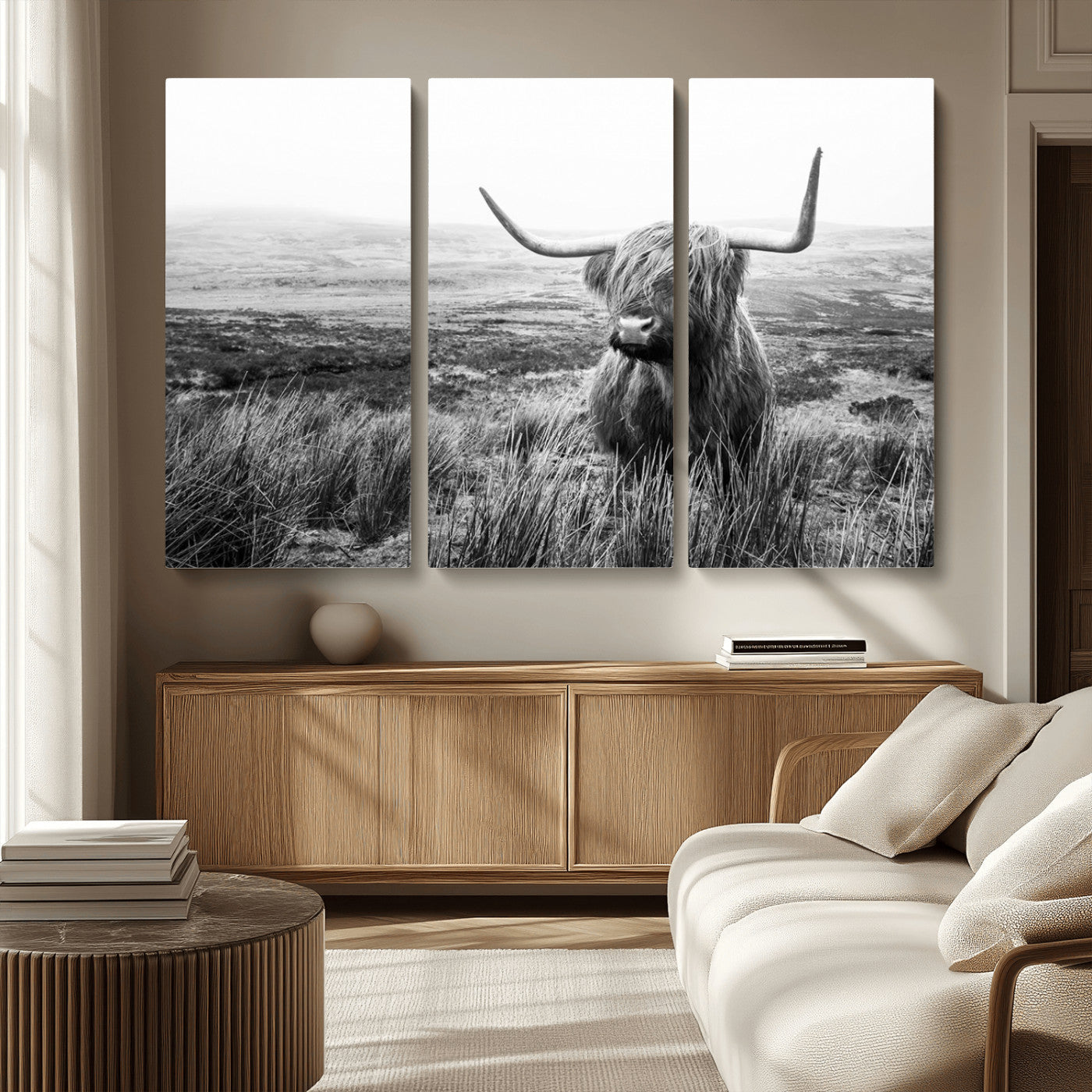 MGV-CV-48X32-3P - Scottish Highland Cow Wall Art | Black and White Canvas Print | Ready to Hang and Framed | Rustic