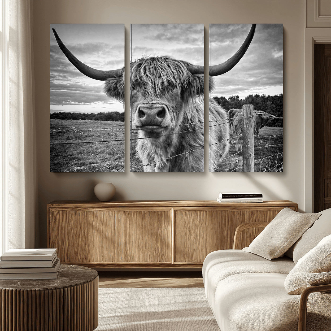 MGV-CV-48X32-3P - Scottish Highland Cow Wall Art Canvas Print | Ready to Hang and Framed | Rustic Farmhouse Decor