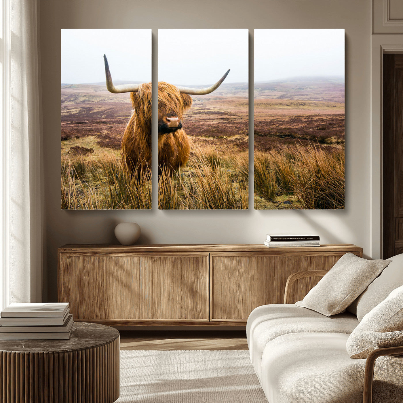 MGV-CV-48X32-3P - Scottish Highland Cow Wall Art Canvas Print | Ready to Hang and Framed | Rustic Farmhouse Decor for