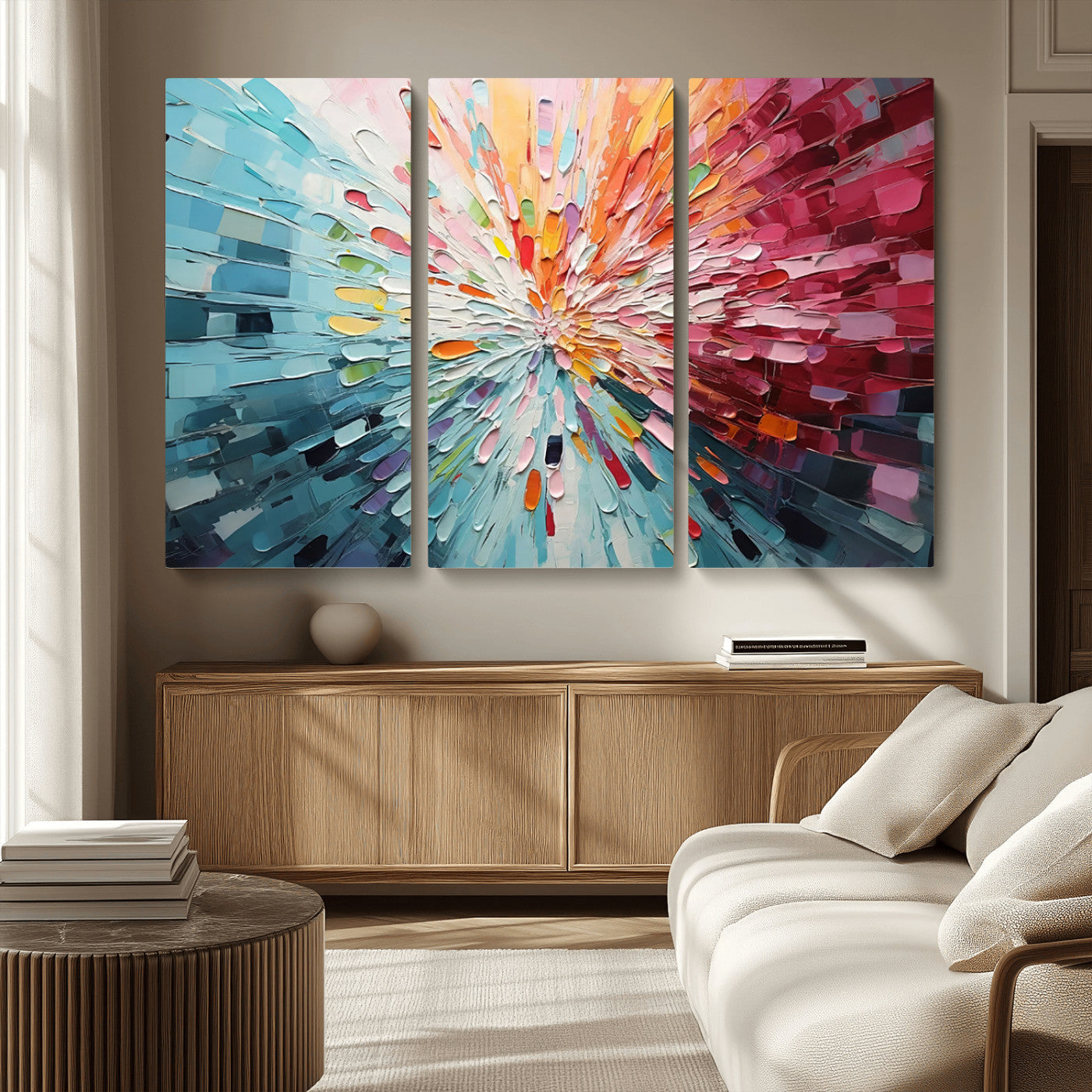 MGV-CV-48X32-3P - Radiant Bloom Abstract Floral Wall Art Canvas Print - Colorful Burst - Modern Living Room Decor -