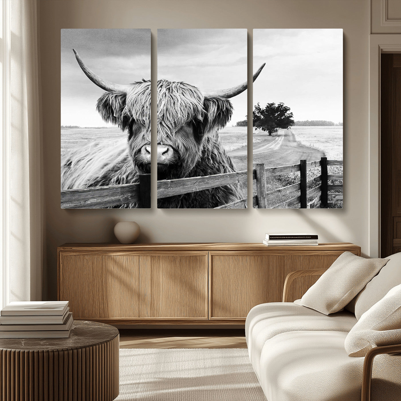 MGV-CV-48X32-3P - Scottish Highland Cow Wall Art | Rustic Farmhouse Décor | Black and White Ready to Hang Canvas Print