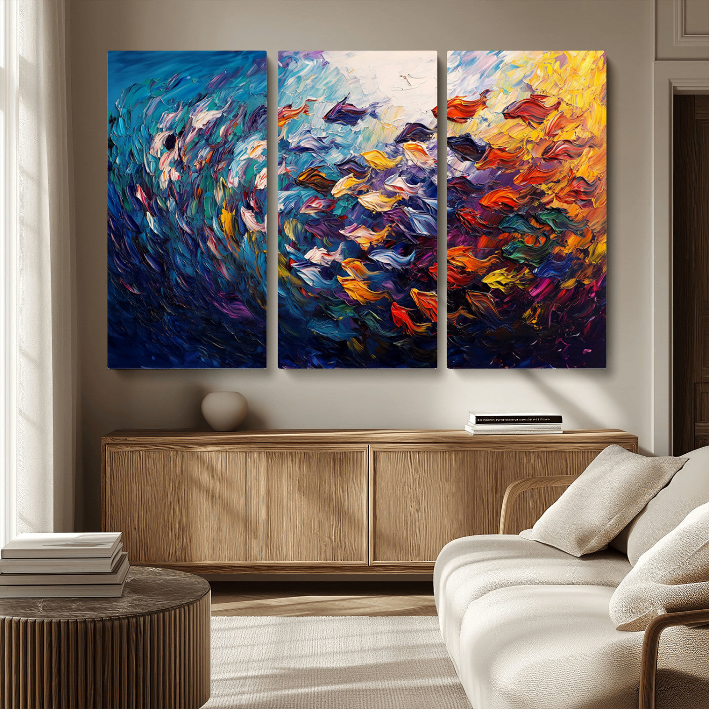 MGV-CV-48X32-3P - Vibrant Abstract Fish Swarm Art – Colorful Fish Inspired 3-Piece Canvas Wall Art for Living Room or
